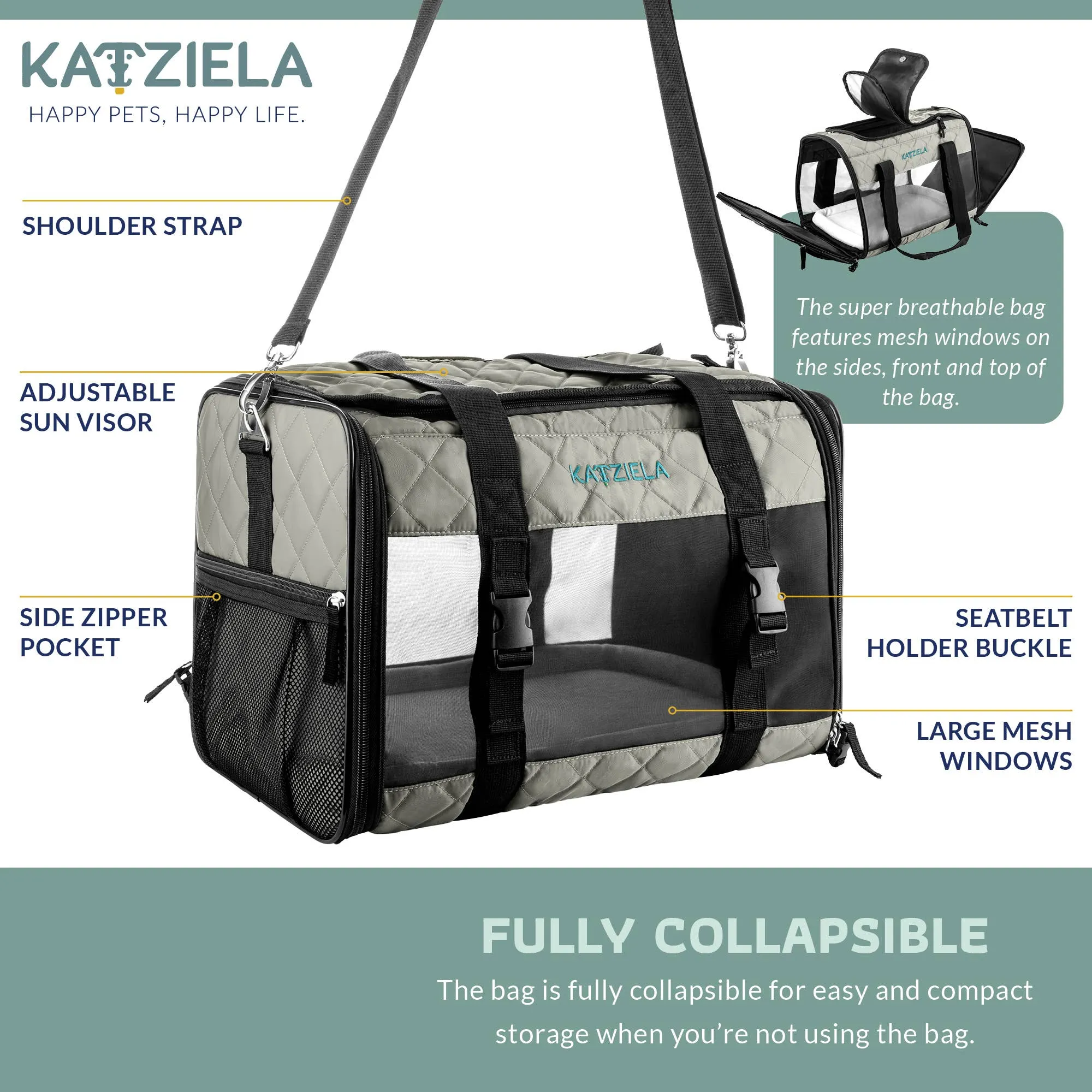 Katziela - Airline Approved Quilited Companion Cat & Dog Carrier Gray