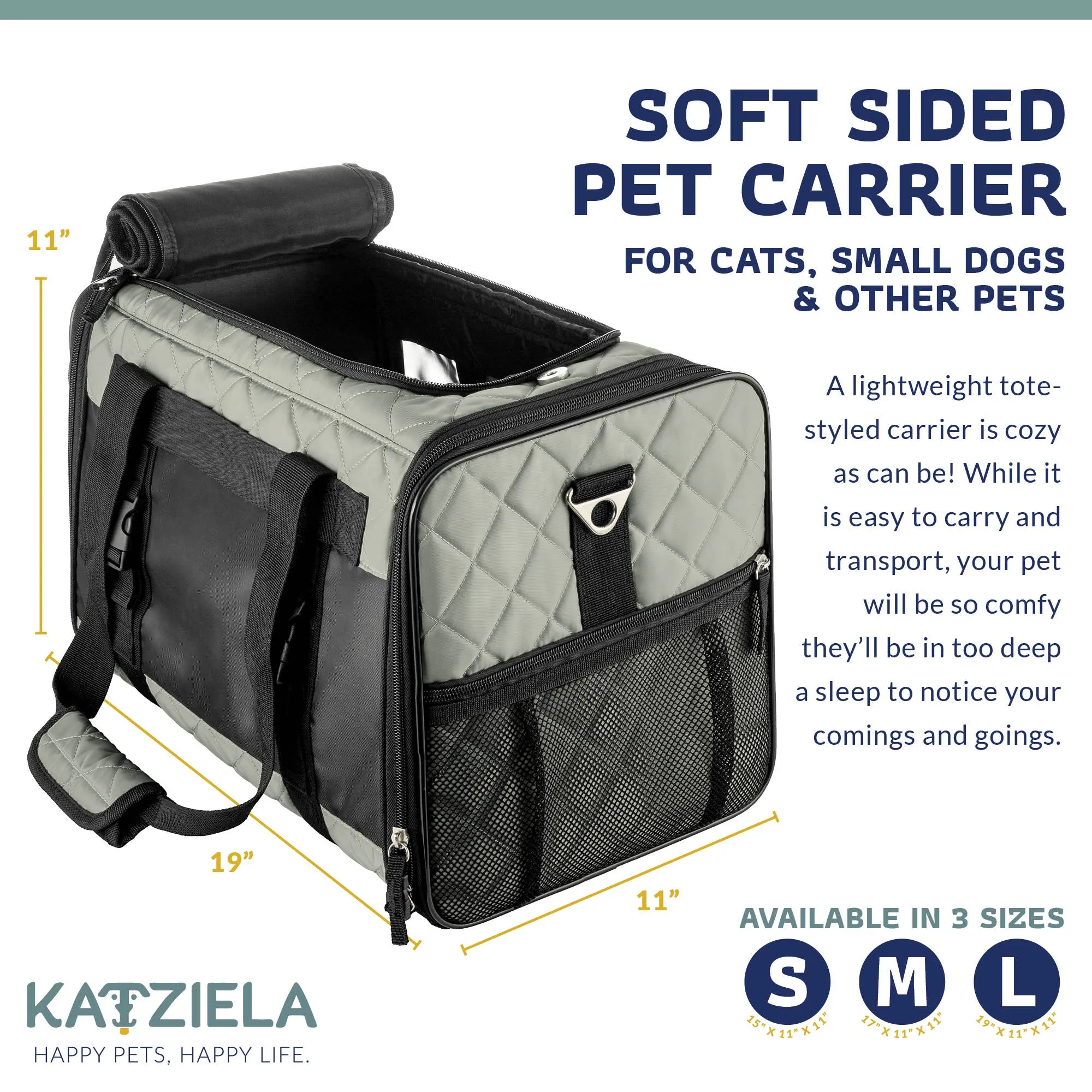 Katziela - Airline Approved Quilited Companion Cat & Dog Carrier Gray