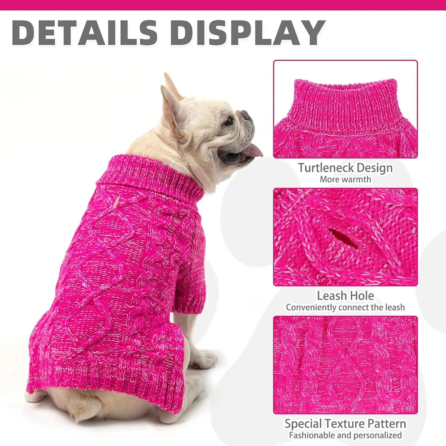 KOOLTAIL Thermal Knitted Dog Sweater for Small Medium Large Dogs, Turtleneck Cable Knit Doggy Winter Coat Warm Clothes Sweatshirt Outfits for Cold Weather, Pullover Pet Jumper for Puppy Cats Rose SM