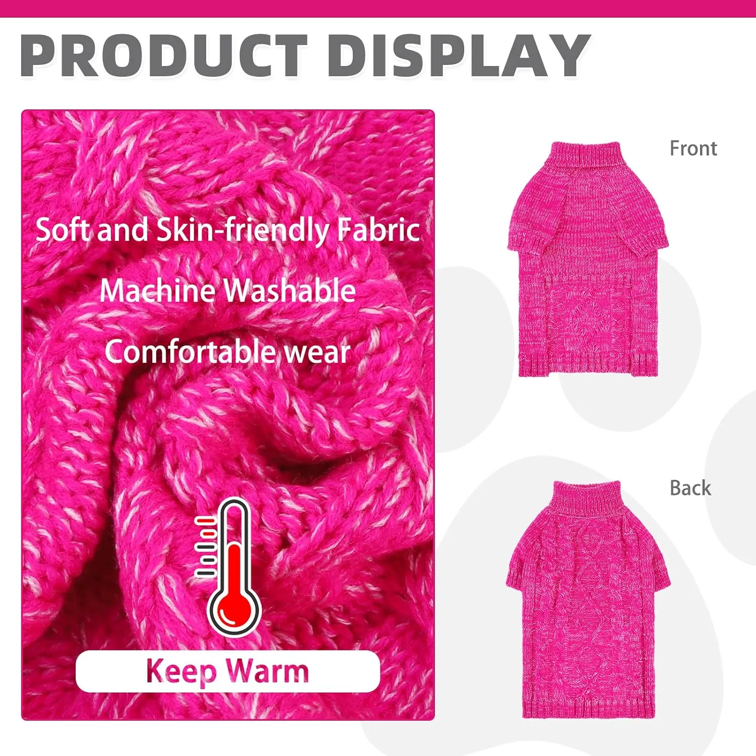 KOOLTAIL Thermal Knitted Dog Sweater for Small Medium Large Dogs, Turtleneck Cable Knit Doggy Winter Coat Warm Clothes Sweatshirt Outfits for Cold Weather, Pullover Pet Jumper for Puppy Cats Rose SM