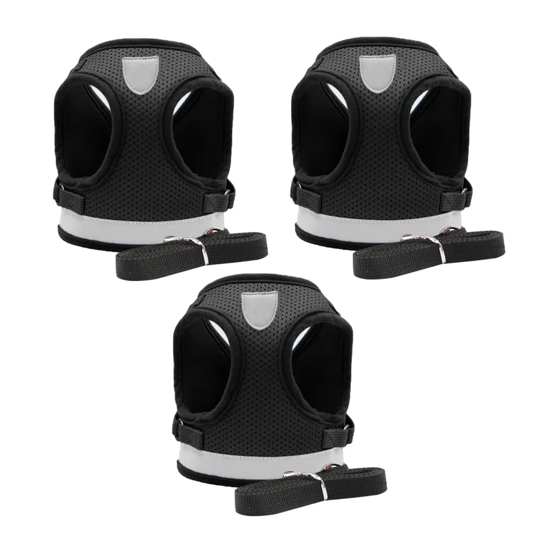 Kuber Industries Reflective Dog Harness with Adjustable Leash|Breathable Polyester Mesh Fabric |Medium Size|HT-844|Comfortable No-Pull Grip|Quick Release Buckles|Easy On-Off Harness|Black (Pack of 3)