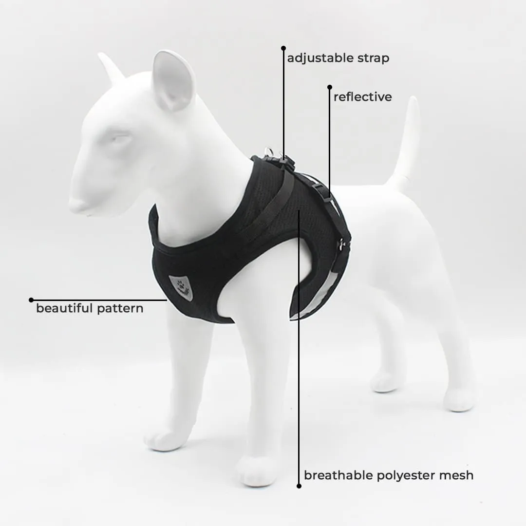 Kuber Industries Reflective Dog Harness with Adjustable Leash|Breathable Polyester Mesh Fabric |Medium Size|HT-844|Comfortable No-Pull Grip|Quick Release Buckles|Easy On-Off Harness|Black (Pack of 3)