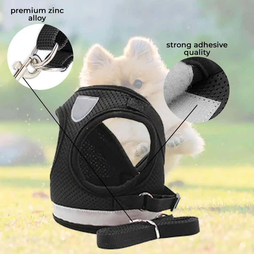 Kuber Industries Reflective Dog Harness with Adjustable Leash|Breathable Polyester Mesh Fabric |Medium Size|HT-844|Comfortable No-Pull Grip|Quick Release Buckles|Easy On-Off Harness|Black (Pack of 3)