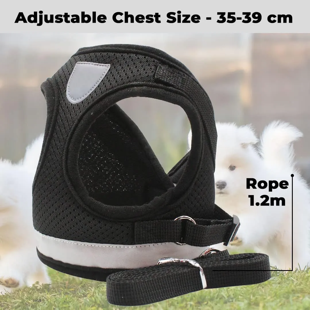 Kuber Industries Reflective Dog Harness with Adjustable Leash|Breathable Polyester Mesh Fabric |Medium Size|HT-844|Comfortable No-Pull Grip|Quick Release Buckles|Easy On-Off Harness|Black (Pack of 3)
