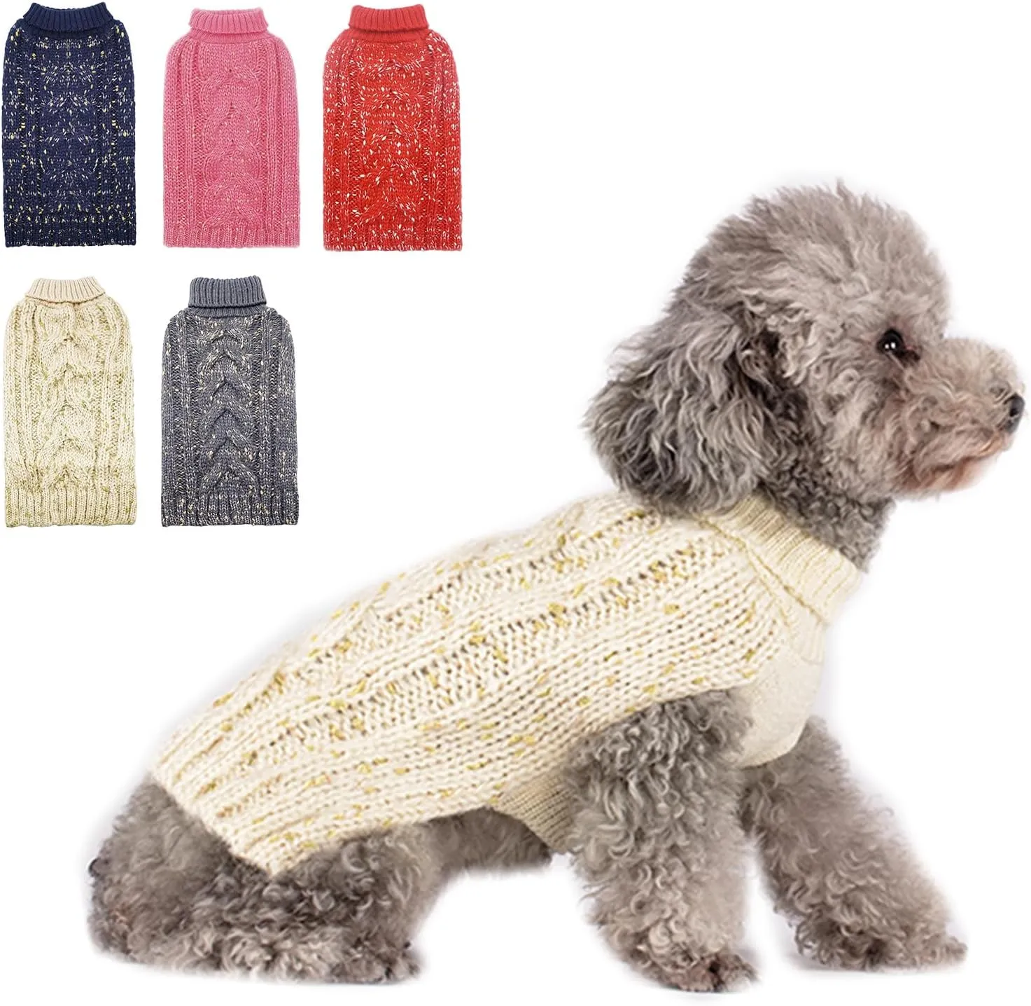 KYEESE Dog Sweater Pullover Winter Coat Turtleneck Knitwear with Golden Yarn for Small Dog, Beige, Medium