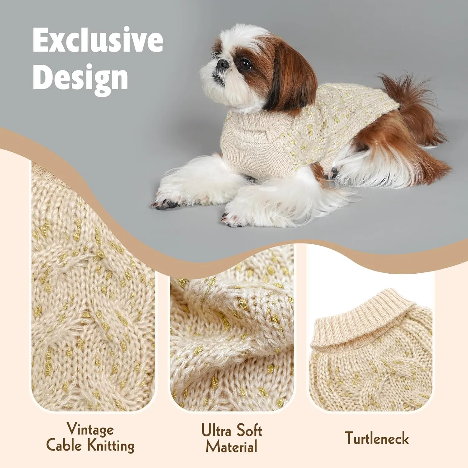 KYEESE Dog Sweater Pullover Winter Coat Turtleneck Knitwear with Golden Yarn for Small Dog, Beige, Medium