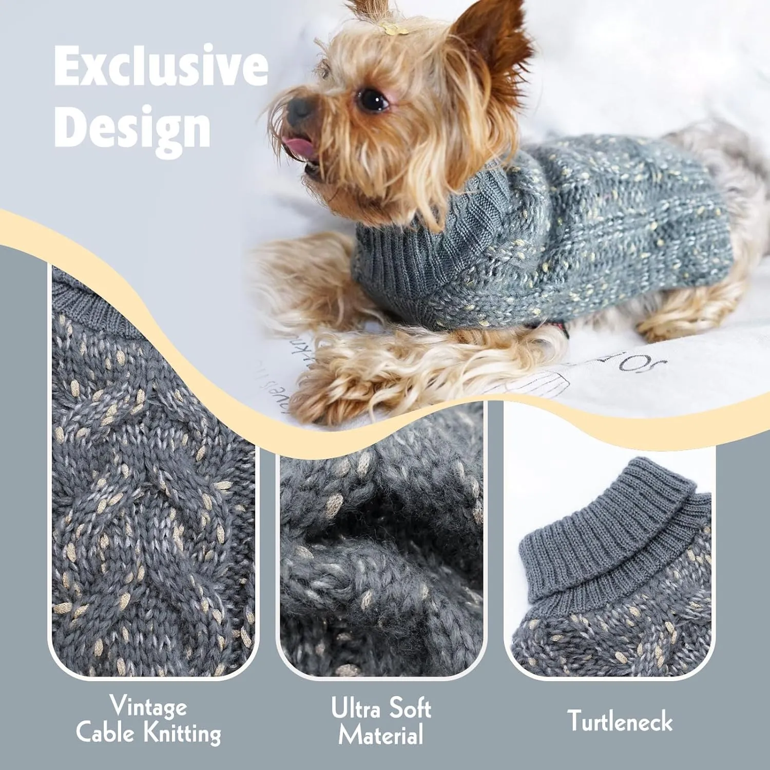 KYEESE Dog Sweater Pullover Winter Coat Turtleneck Knitwear with Golden Yarn for Small Dog, Grey, Medium