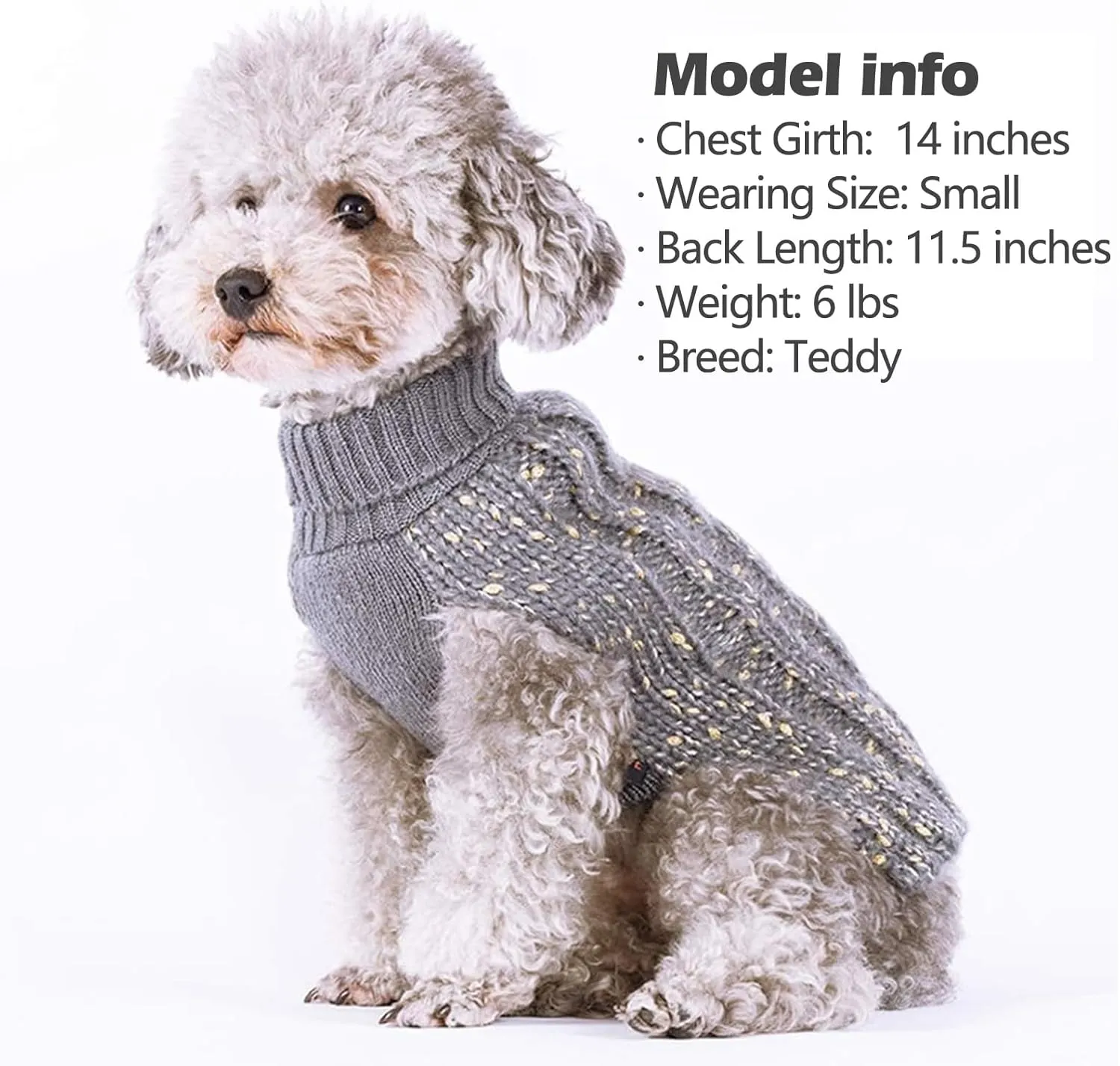 KYEESE Dog Sweater Pullover Winter Coat Turtleneck Knitwear with Golden Yarn for Small Dog, Grey, Medium