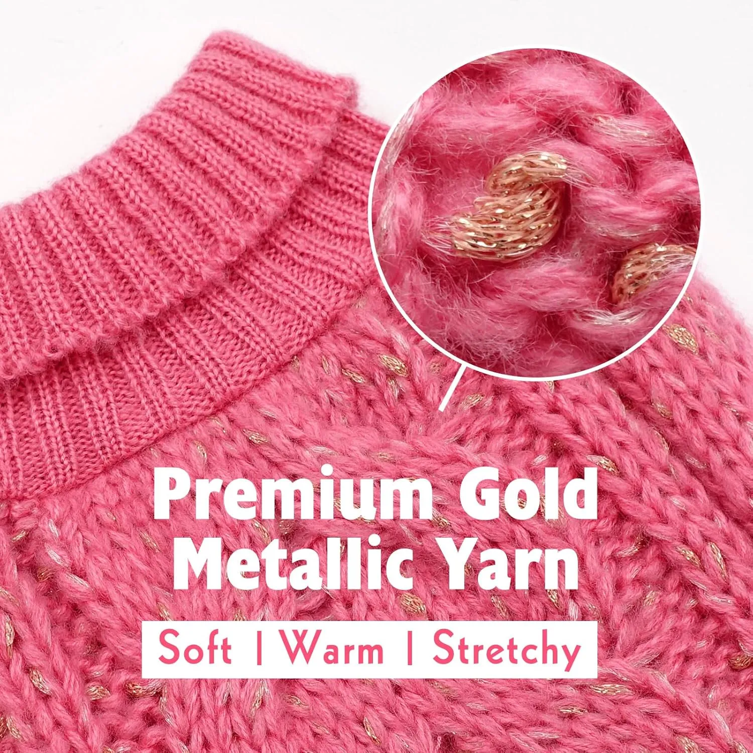 KYEESE Dog Sweater Pullover Winter Coat Turtleneck Knitwear with Golden Yarn for Small Dog, Pink, Medium