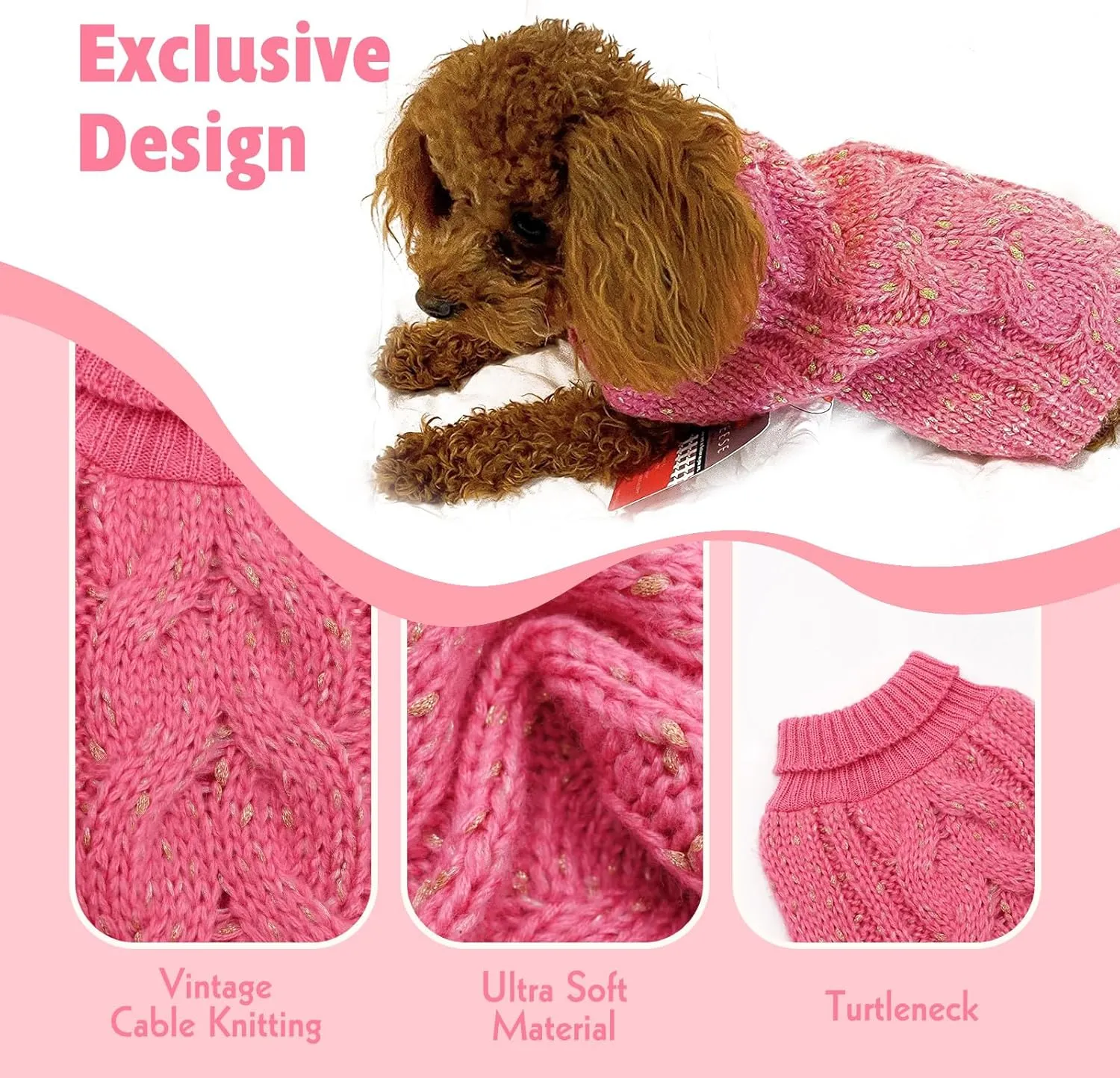 KYEESE Dog Sweater Pullover Winter Coat Turtleneck Knitwear with Golden Yarn for Small Dog, Pink, Medium