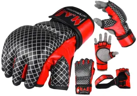 MAR-235 | Genuine Leather Red Black Open Finger MMA Gloves