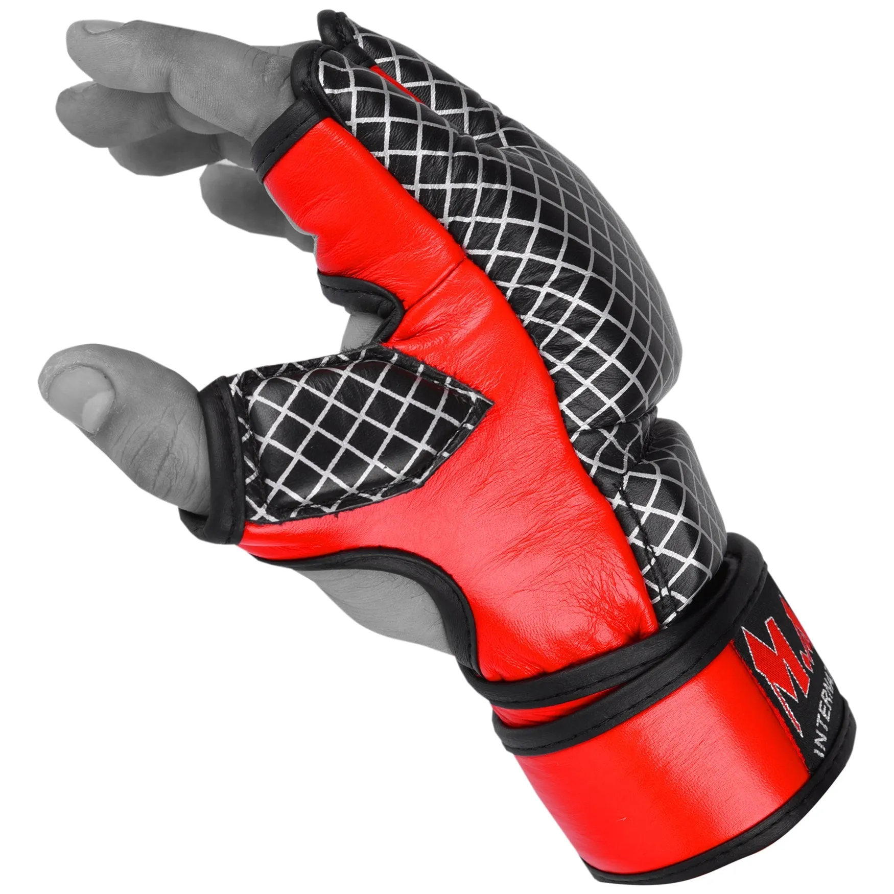 MAR-235 | Genuine Leather Red Black Open Finger MMA Gloves