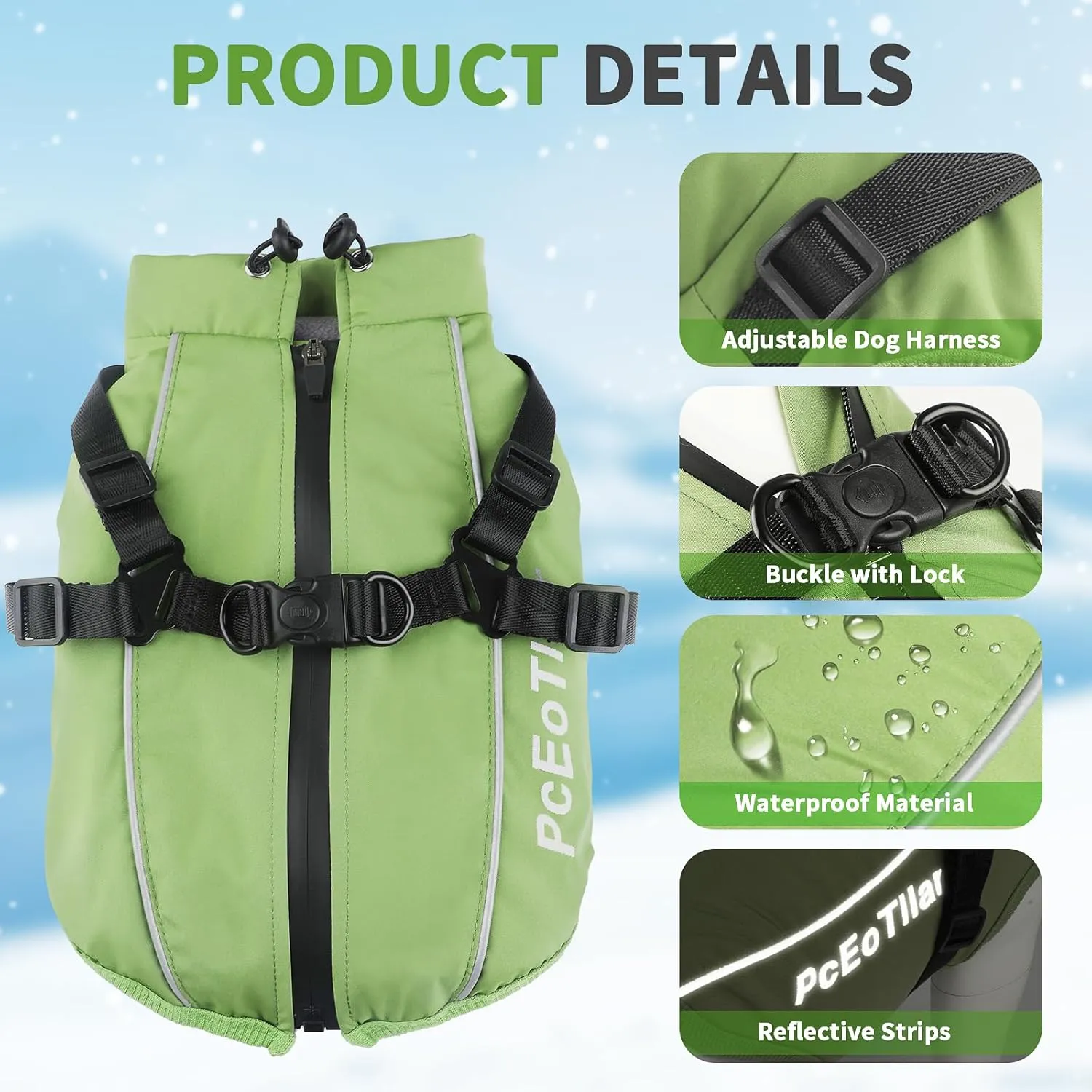 PcEoTllar Dog Coat with Harness, Warm Winter Jacket, Waterproof Windproof, Reflective Snow Dog Clothes with Zipper, for Small Medium Large Dogs (Green,XXL)