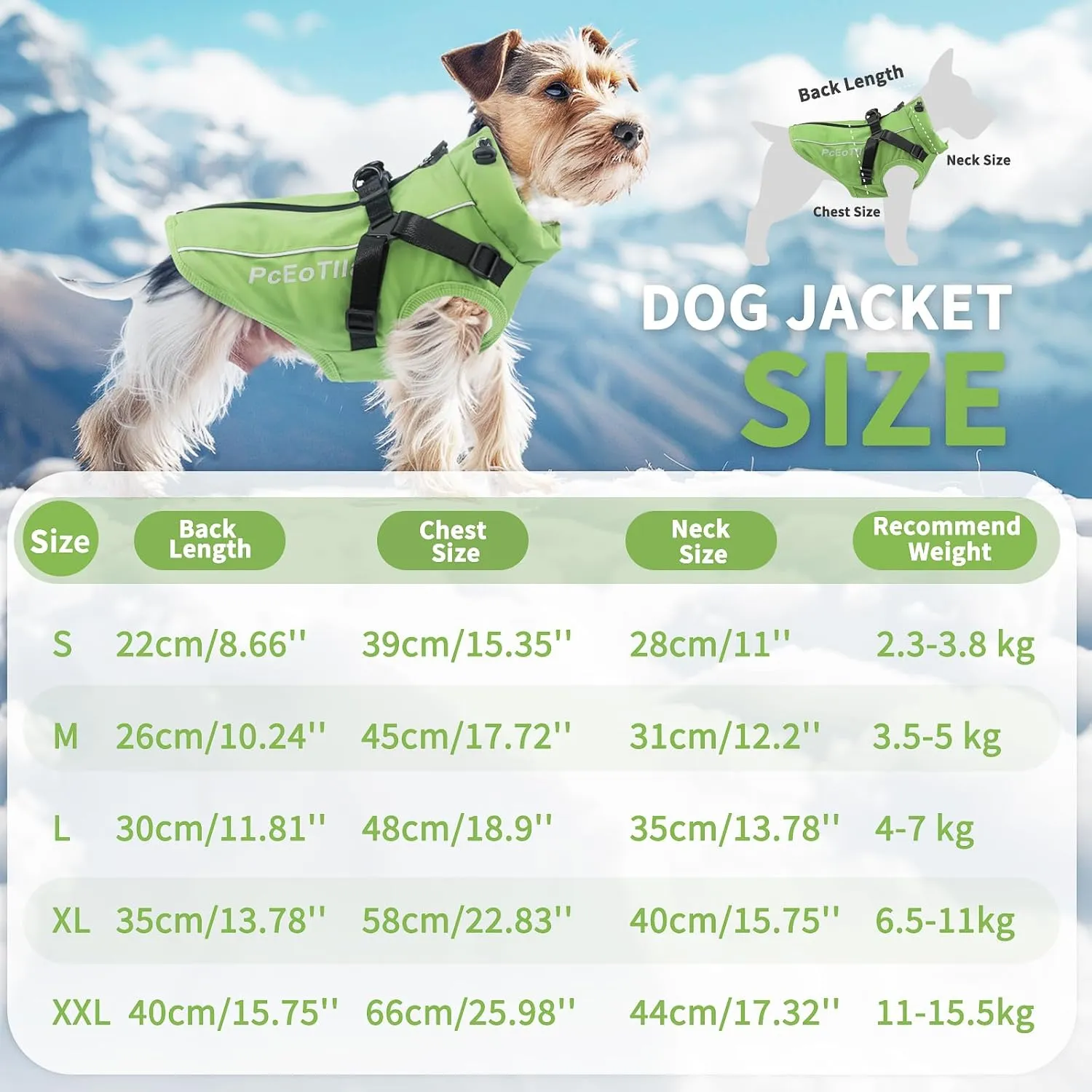 PcEoTllar Dog Coat with Harness, Warm Winter Jacket, Waterproof Windproof, Reflective Snow Dog Clothes with Zipper, for Small Medium Large Dogs (Green,XXL)