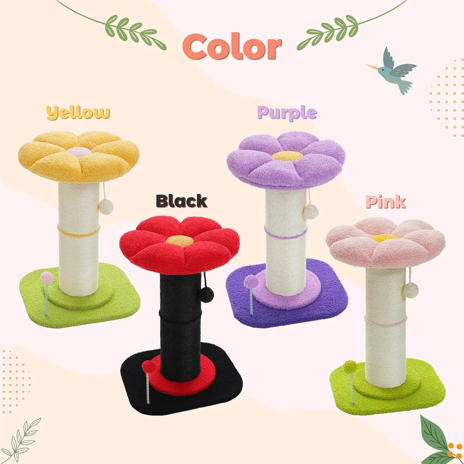 PEQULTI Flower Cat Scratching Post, Gothic Cat Tree, Tall Scratcher for Indoor Cats with Super Thick Scratching Post [Dia=5.5''], Removable Flower Bed, Cat Scratch Post with Spring Ball, Black