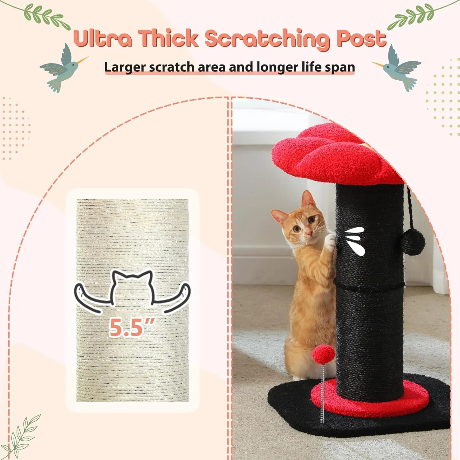 PEQULTI Flower Cat Scratching Post, Gothic Cat Tree, Tall Scratcher for Indoor Cats with Super Thick Scratching Post [Dia=5.5''], Removable Flower Bed, Cat Scratch Post with Spring Ball, Black