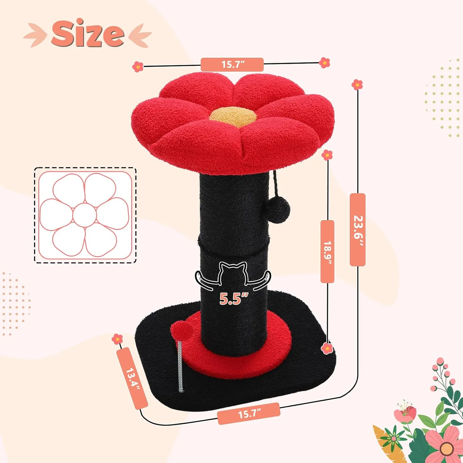 PEQULTI Flower Cat Scratching Post, Gothic Cat Tree, Tall Scratcher for Indoor Cats with Super Thick Scratching Post [Dia=5.5''], Removable Flower Bed, Cat Scratch Post with Spring Ball, Black