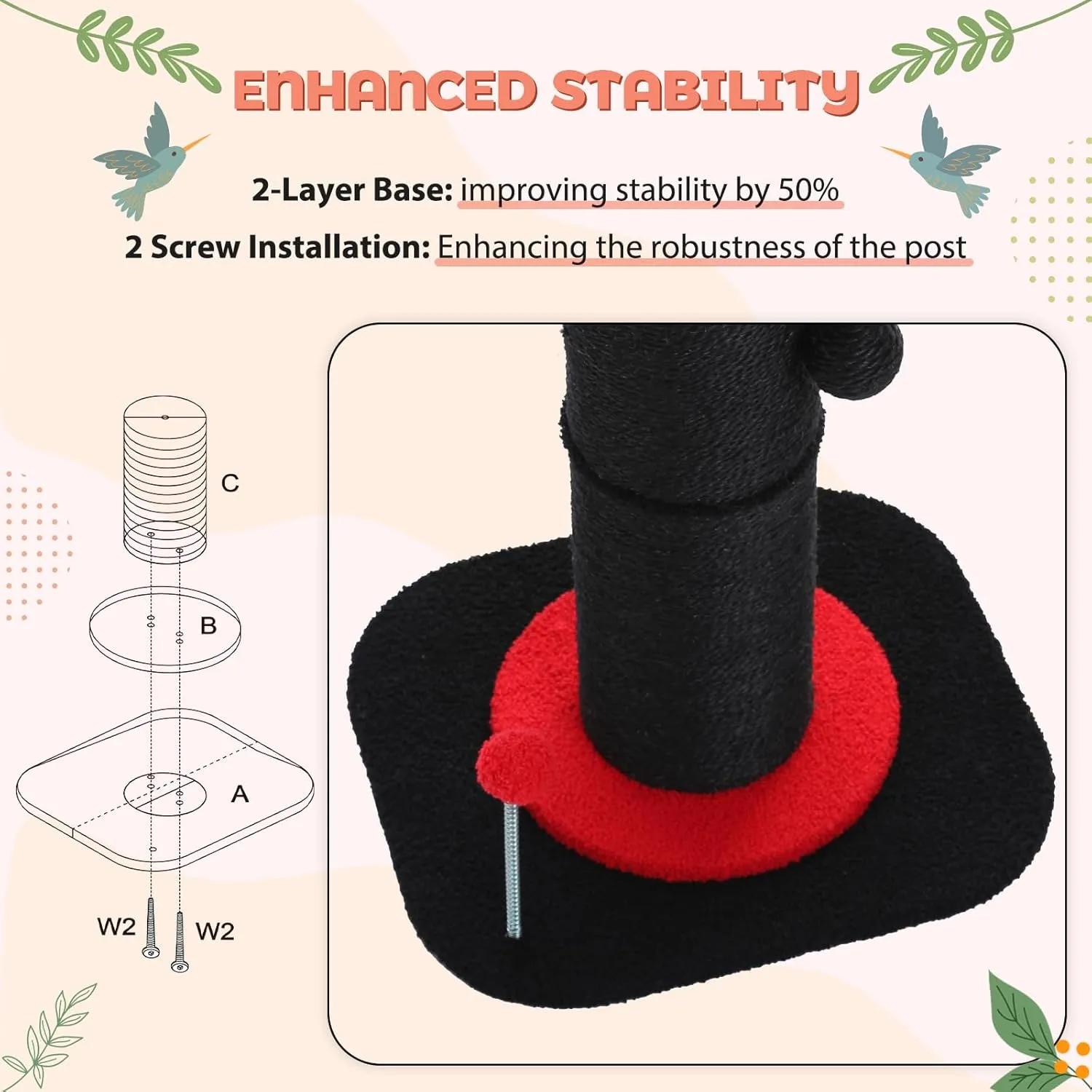 PEQULTI Flower Cat Scratching Post, Gothic Cat Tree, Tall Scratcher for Indoor Cats with Super Thick Scratching Post [Dia=5.5''], Removable Flower Bed, Cat Scratch Post with Spring Ball, Black