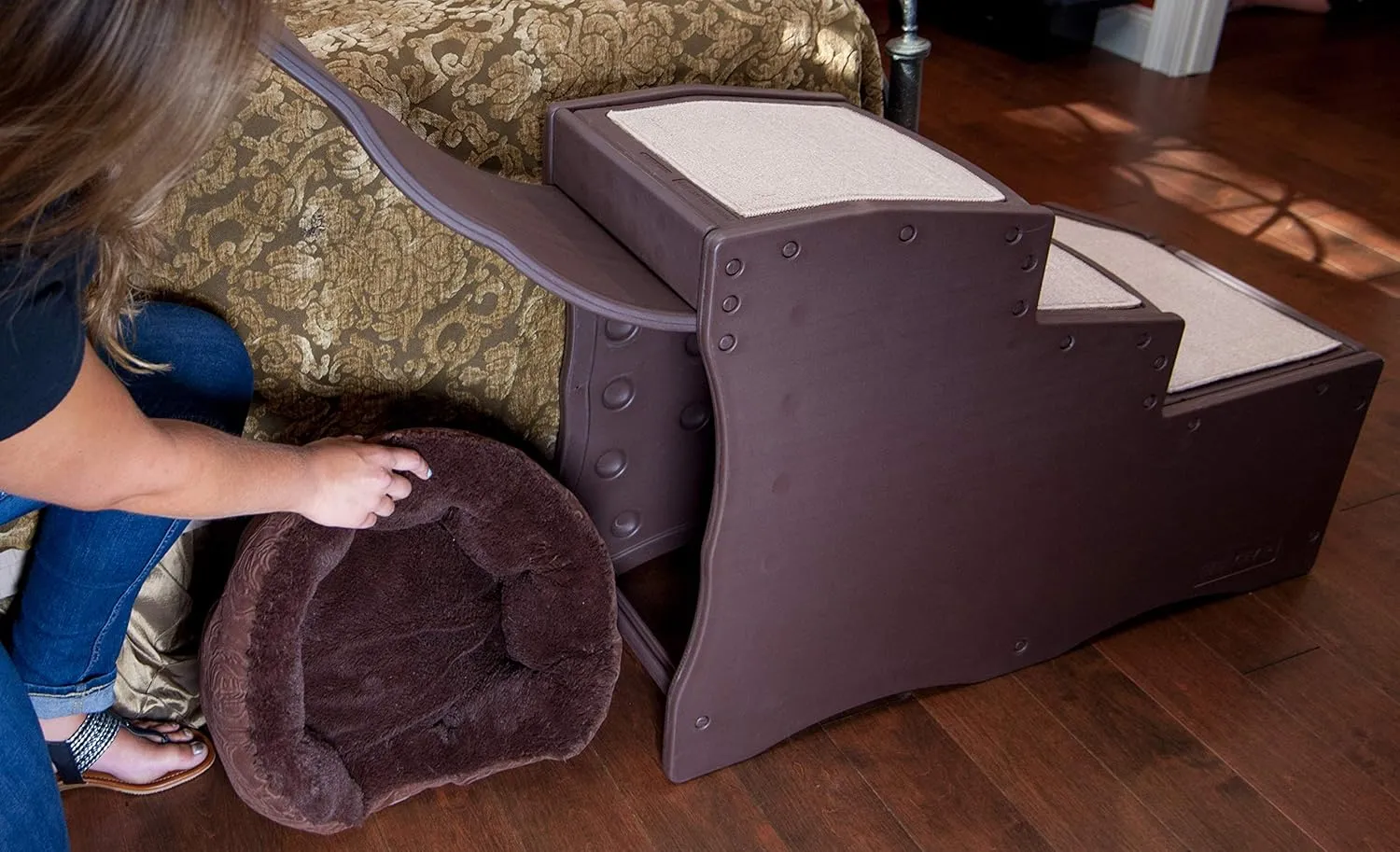 Pet Gear Easy Step Bed Stair for Cats/Dogs, Adjusts to Either Side of Bed, Removable Washable Carpet Treads, Storage Compartment, for Pets Up to 75lbs, Espresso