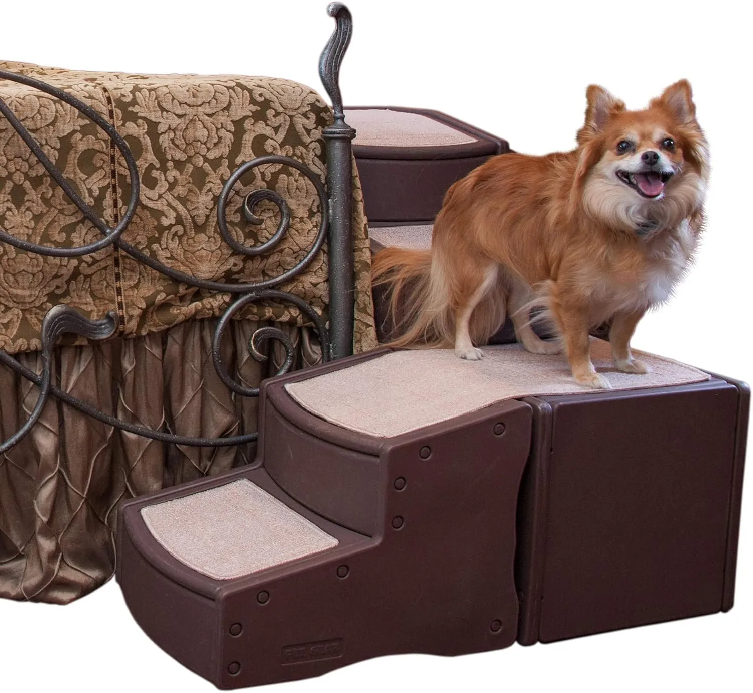 Pet Gear Easy Step Bed Stair for Cats/Dogs, Adjusts to Either Side of Bed, Removable Washable Carpet Treads, Storage Compartment, for Pets Up to 75lbs, Espresso