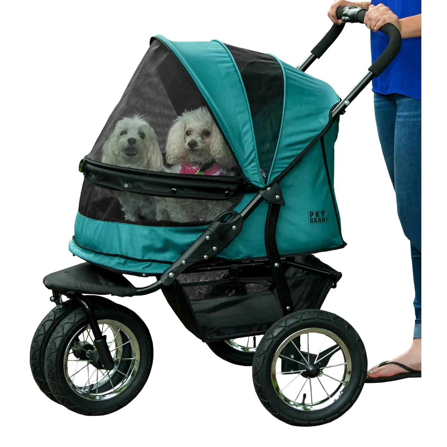 Pet Gear NO-Zip Double Pet Stroller, Zipperless Entry, for Single or Multiple Dogs/Cats, Plush Pad   Weather Cover Included, Large Gel-Filled Tires, Emerald