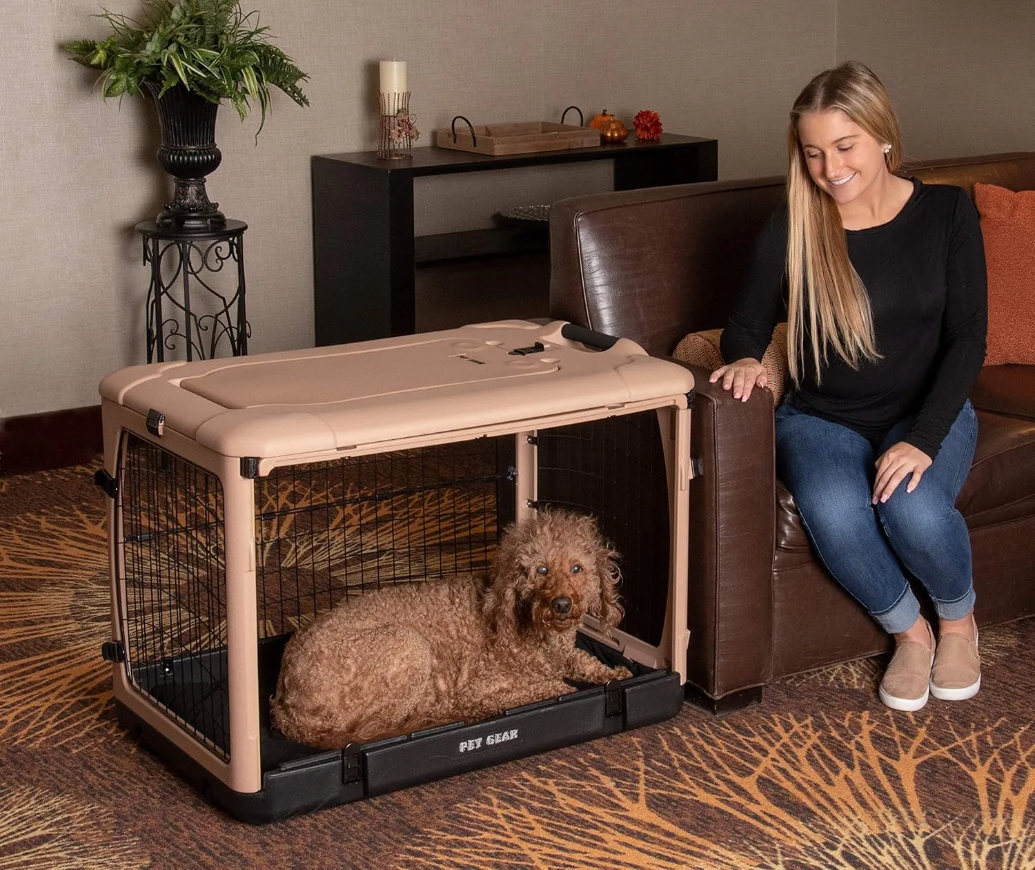 Pet Gear The Other Door 4 Door Steel Crate for Dogs/Cats with Garage-Style Door, Includes Plush Bed   Travel Bag, No Tools Required, Beige