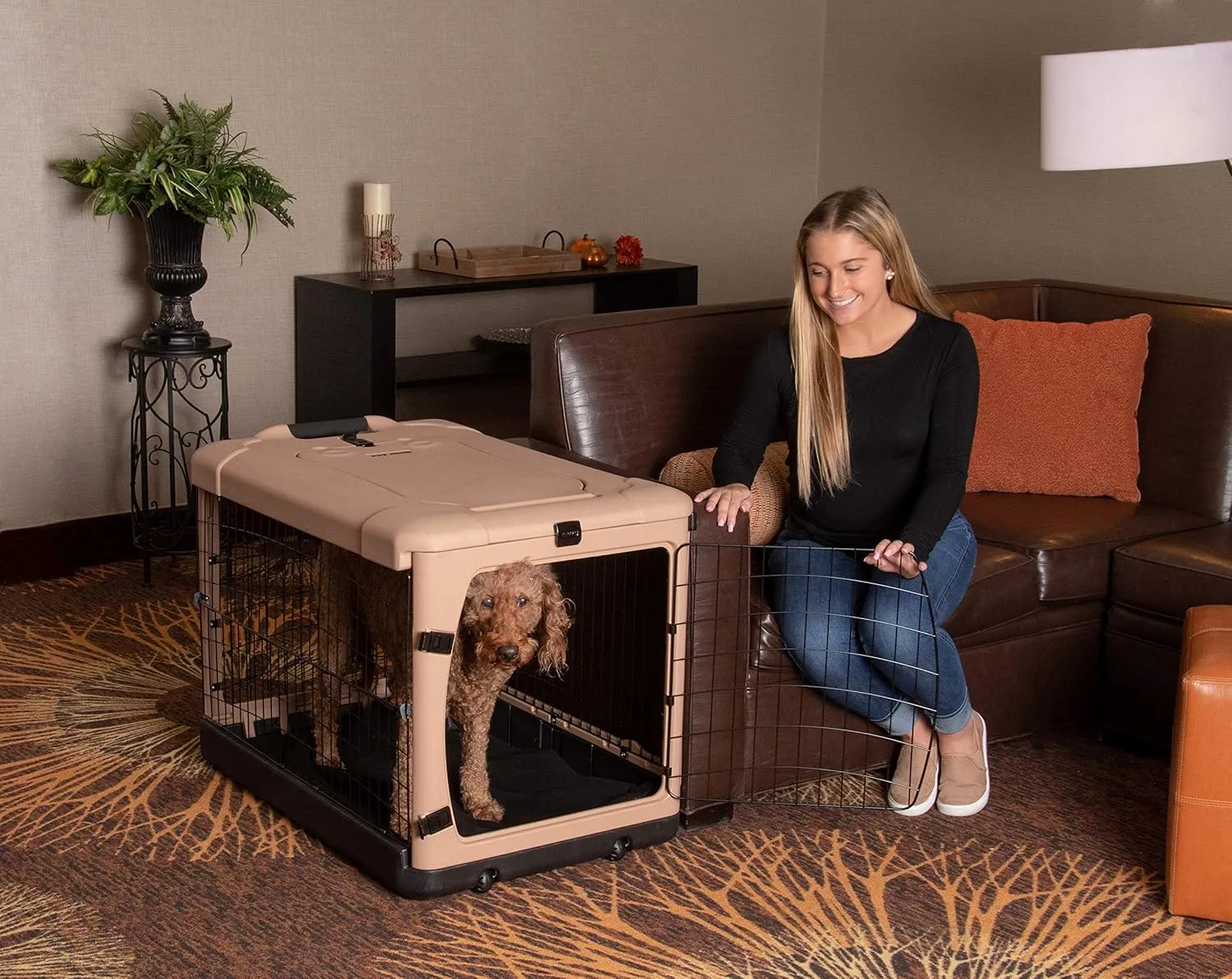 Pet Gear The Other Door 4 Door Steel Crate for Dogs/Cats with Garage-Style Door, Includes Plush Bed   Travel Bag, No Tools Required, Beige