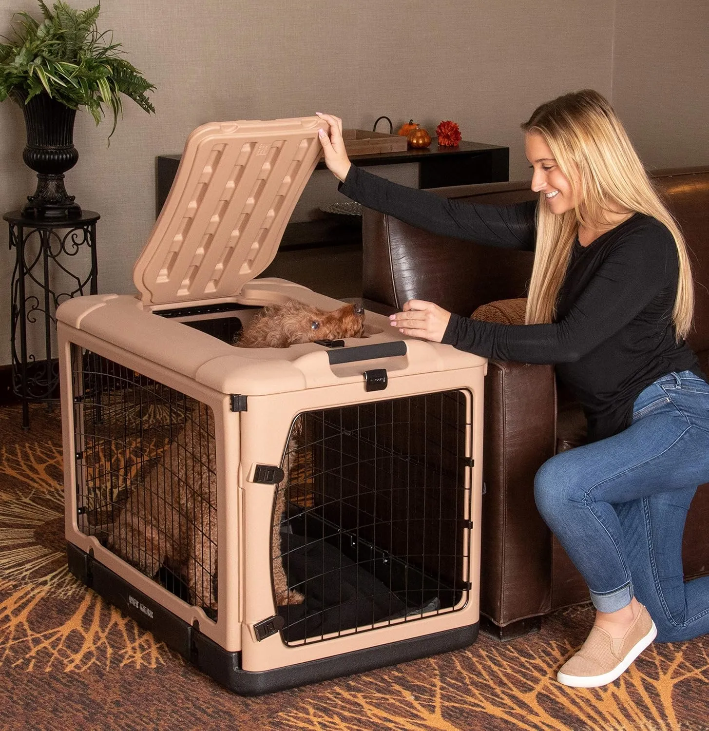Pet Gear The Other Door 4 Door Steel Crate for Dogs/Cats with Garage-Style Door, Includes Plush Bed   Travel Bag, No Tools Required, Beige