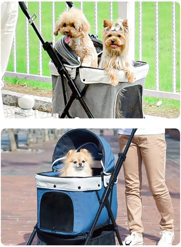 Pet Stroller for Dogs Cats Travel Carrier Strolling Cart with 360 Swivel Front Wheels and Suspension One Button Collapsible Easy Fold Frame Pets Up to 17.6lbs (Gray) (Blue)