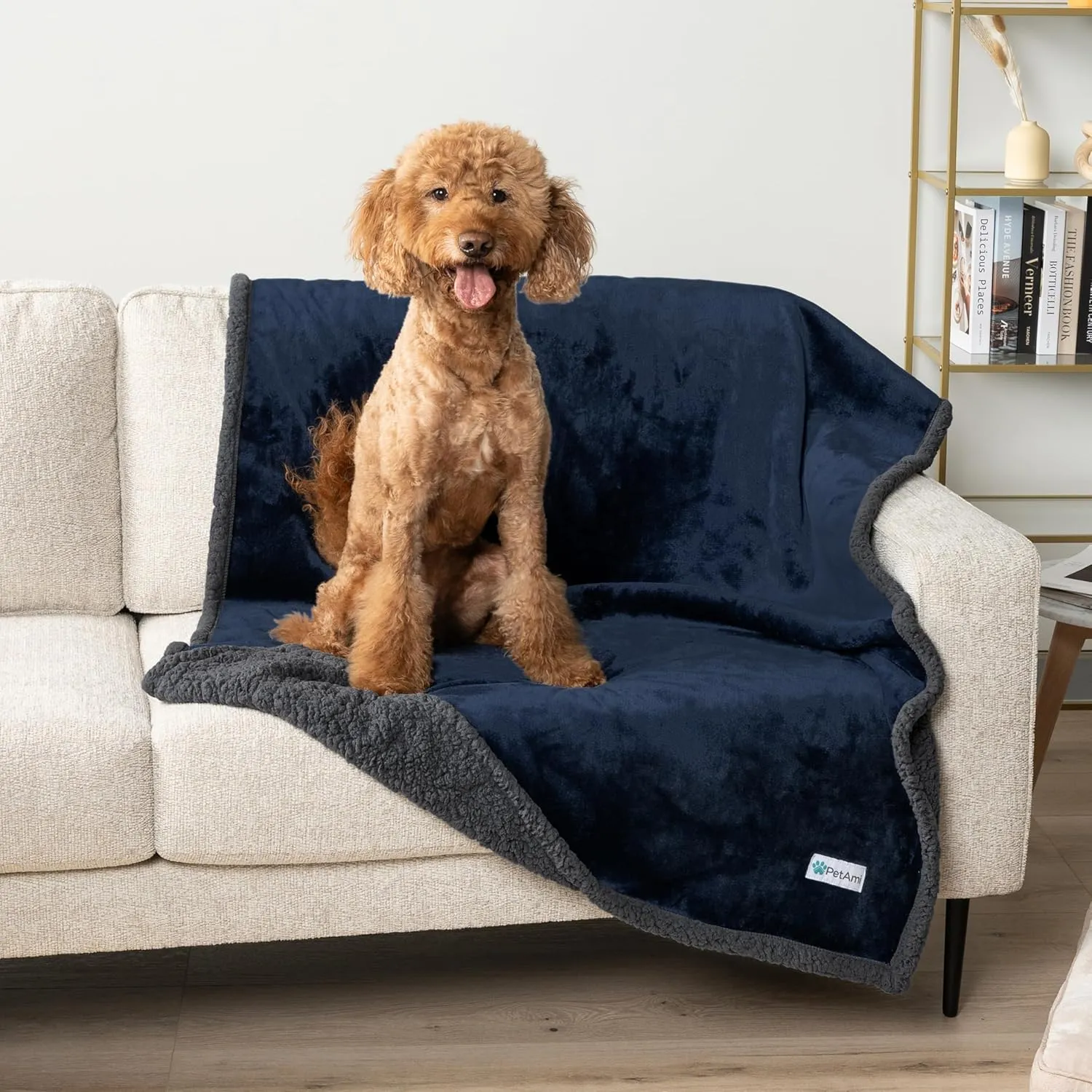 PetAmi Waterproof Dog Blanket for Medium Large XL Dog Puppy Cat Throw for Couch Cover Leakproof Protection, Sherpa Fleece, Reversible Soft Washable 80x60 Navy Gray