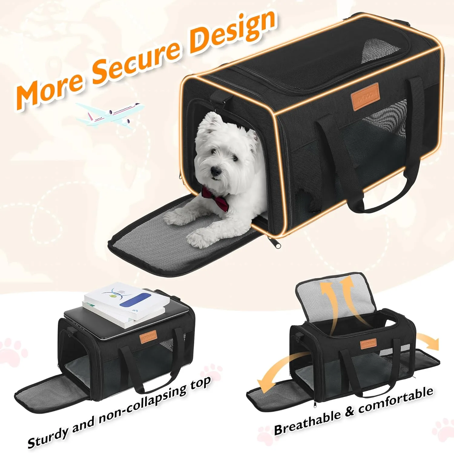 PETUX TSA Approved Pet Carrier in Cabin, 17"x11"x9.5" Soft Cat Carriers for Small Cats Up to 15 Lbs, Top Open Portable Pet Carrier Airline Approved with Anti-Scratch Mesh for Travel, Vet Visit (Black)