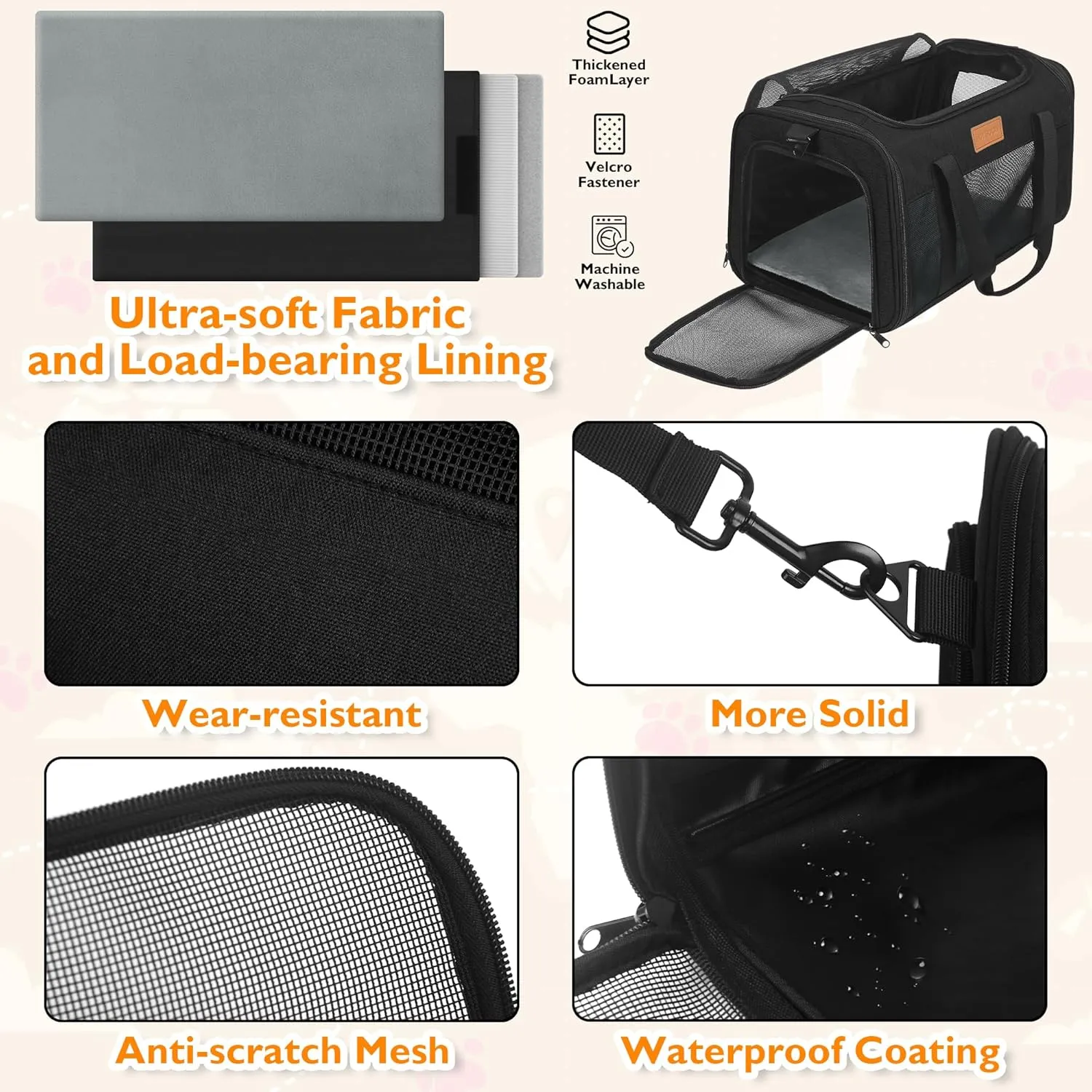 PETUX TSA Approved Pet Carrier in Cabin, 17"x11"x9.5" Soft Cat Carriers for Small Cats Up to 15 Lbs, Top Open Portable Pet Carrier Airline Approved with Anti-Scratch Mesh for Travel, Vet Visit (Black)