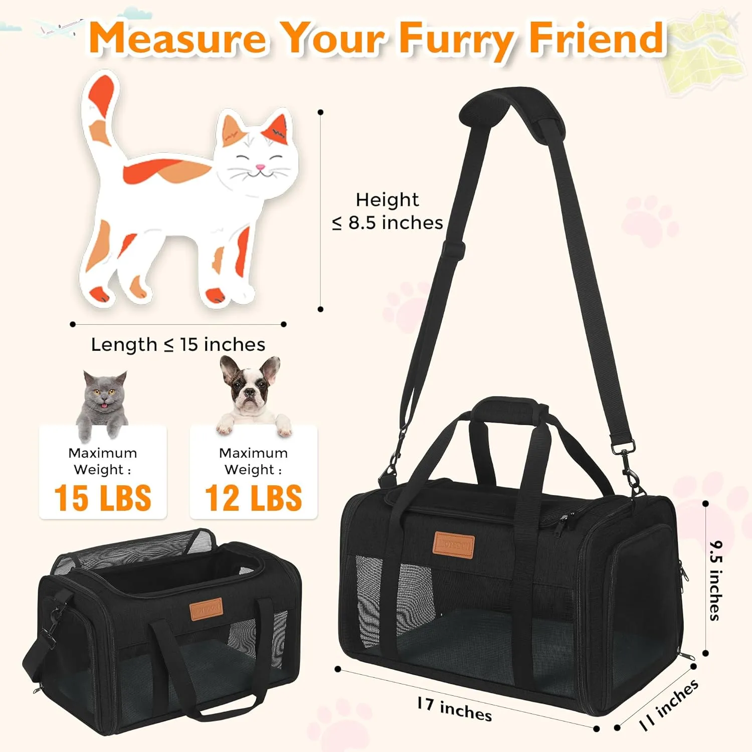 PETUX TSA Approved Pet Carrier in Cabin, 17"x11"x9.5" Soft Cat Carriers for Small Cats Up to 15 Lbs, Top Open Portable Pet Carrier Airline Approved with Anti-Scratch Mesh for Travel, Vet Visit (Black)
