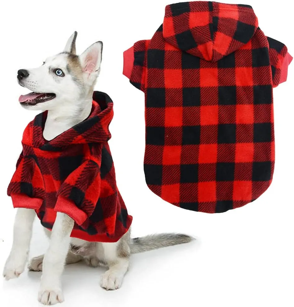 Plaid Dog Hoodie Pet Fleece Sweater Winter Coat with Hat for Small Medium Large Dogs Red and Black XL