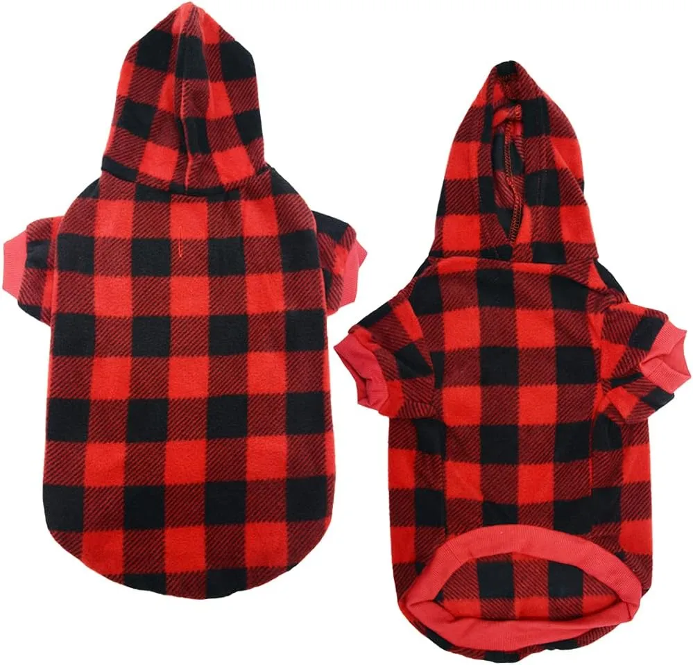 Plaid Dog Hoodie Pet Fleece Sweater Winter Coat with Hat for Small Medium Large Dogs Red and Black XL