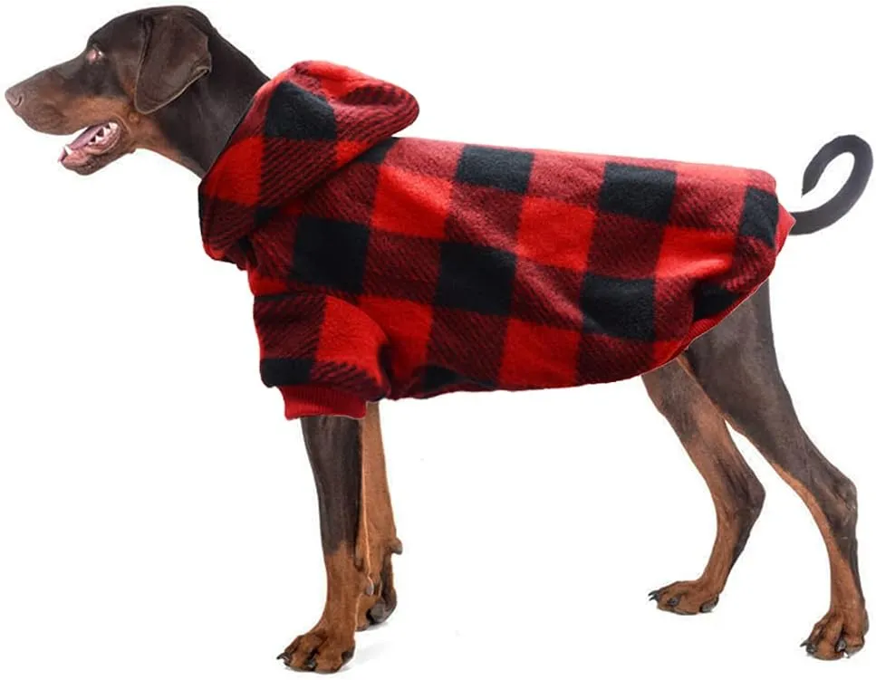 Plaid Dog Hoodie Pet Fleece Sweater Winter Coat with Hat for Small Medium Large Dogs Red and Black XL