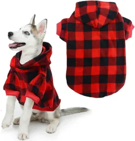 Plaid Dog Hoodie Pet Fleece Sweater Winter Coat with Hat for Small Medium Large Dogs Red and Black XL