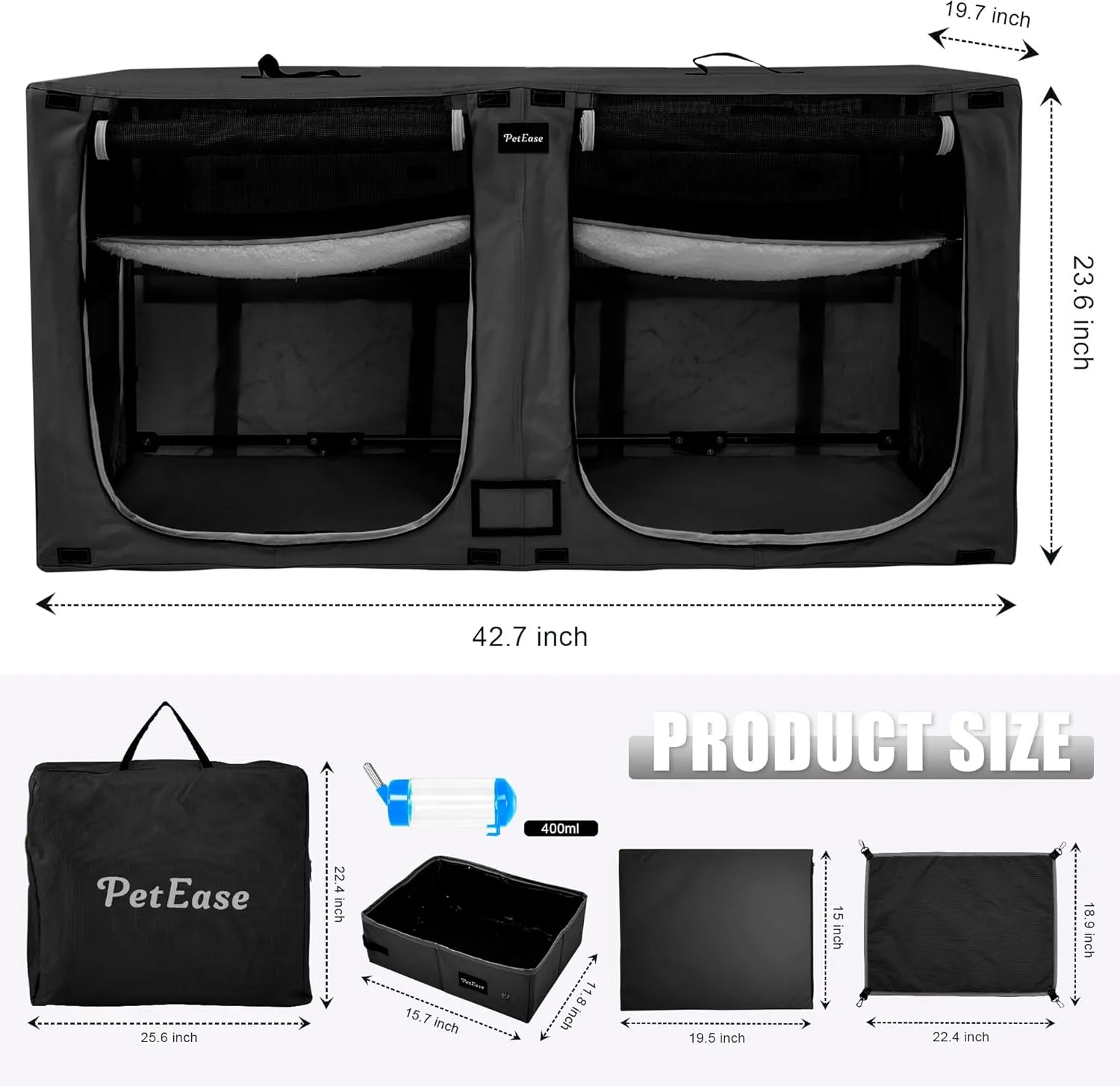 Portable Double Dog Cat Crate,Twin Compartment Cat Show House Cat Condo,Cat Travel Carrier Cages with Litter Box Water Bottle Mat and hamock,Two Room Cat Enclosure Playpen