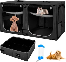 Portable Double Dog Cat Crate,Twin Compartment Cat Show House Cat Condo,Cat Travel Carrier Cages with Litter Box Water Bottle Mat and hamock,Two Room Cat Enclosure Playpen
