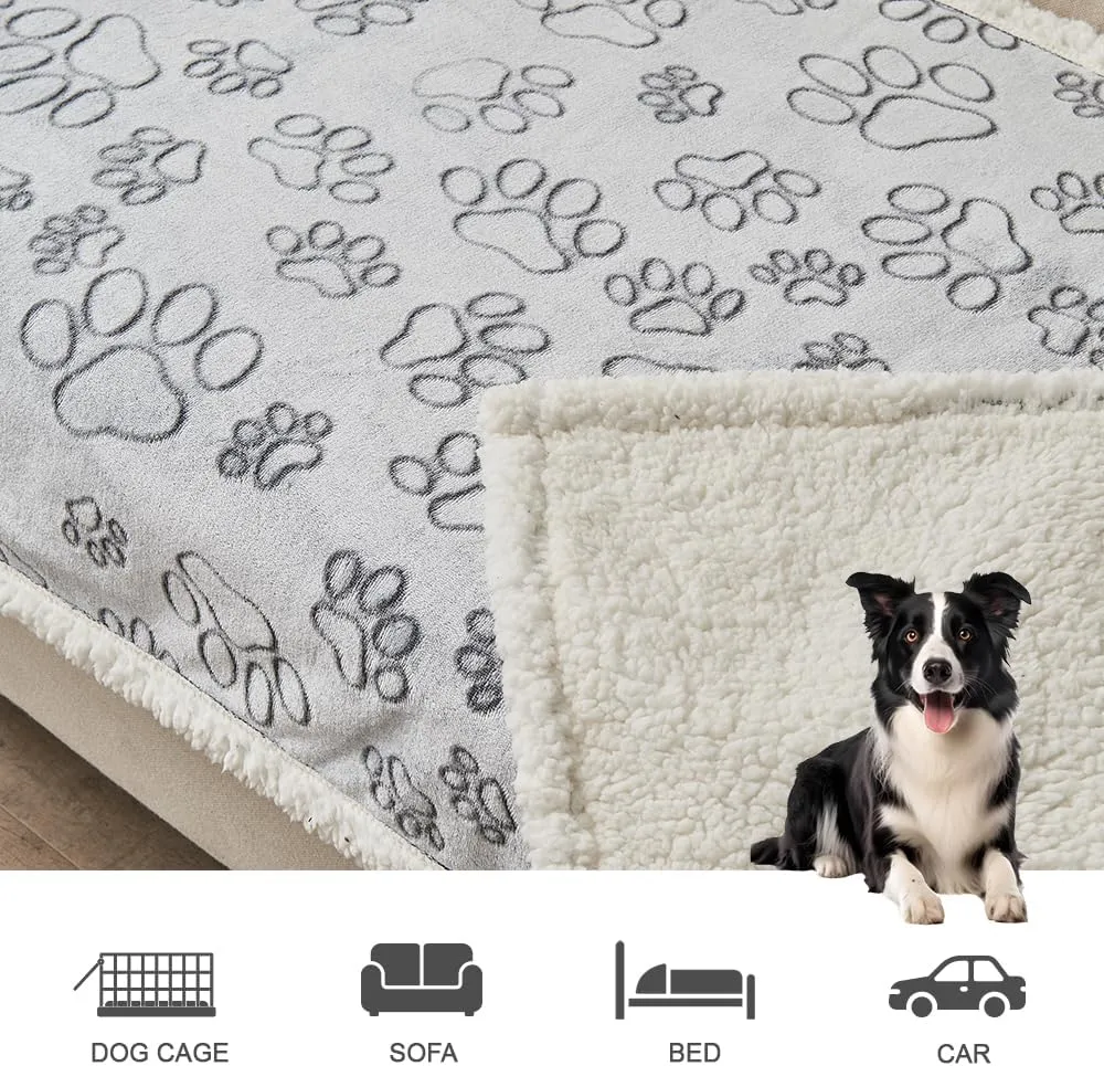 Qeils Dog Blankets for Large Dogs - Waterproof Pet Blanket Washable - Sherpa Fleece Puppy Blanket, Soft Plush Reversible Dog Blanket for Bed Couch Car Sofa, 50"X60", Grey Paw Print