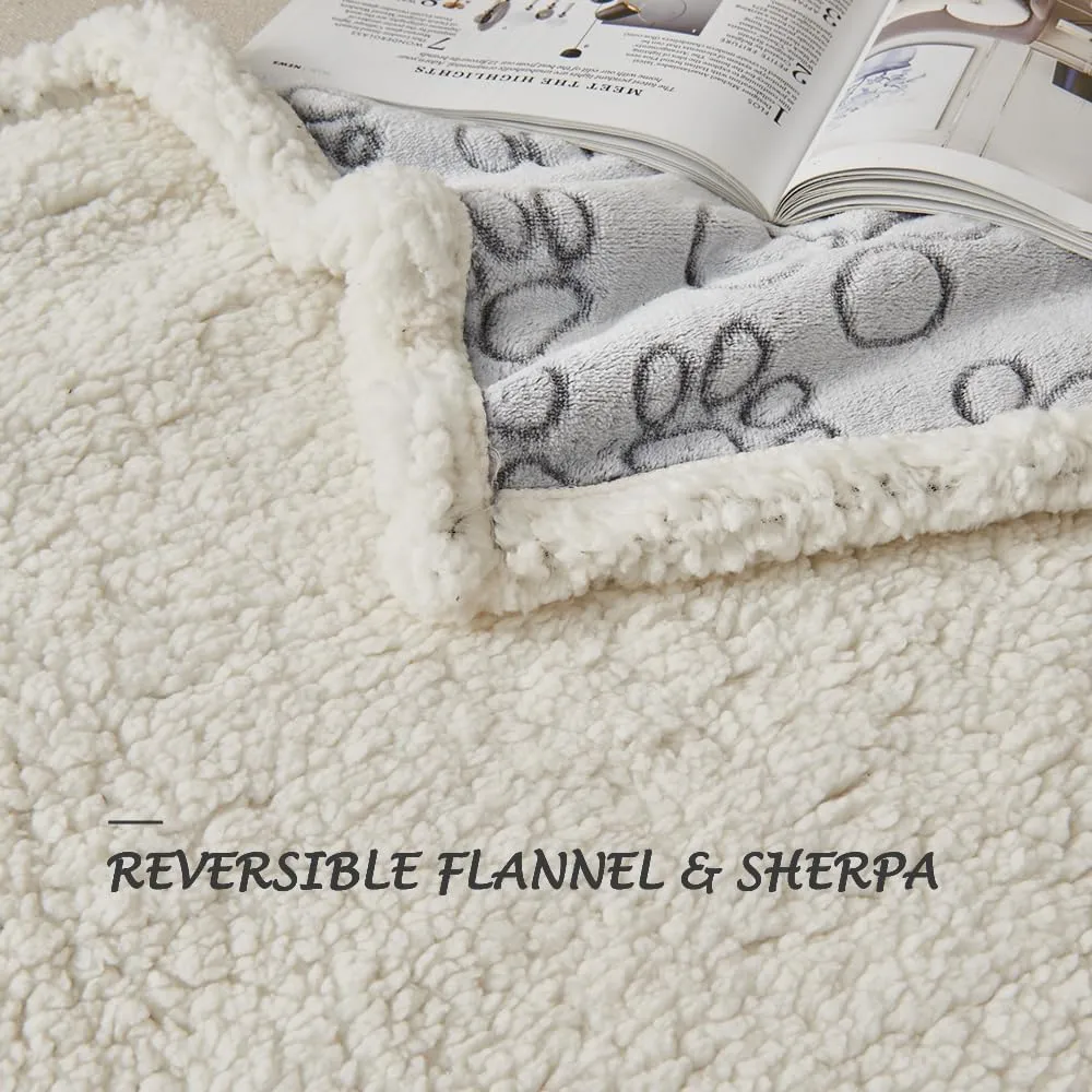 Qeils Dog Blankets for Large Dogs - Waterproof Pet Blanket Washable - Sherpa Fleece Puppy Blanket, Soft Plush Reversible Dog Blanket for Bed Couch Car Sofa, 50"X60", Grey Paw Print