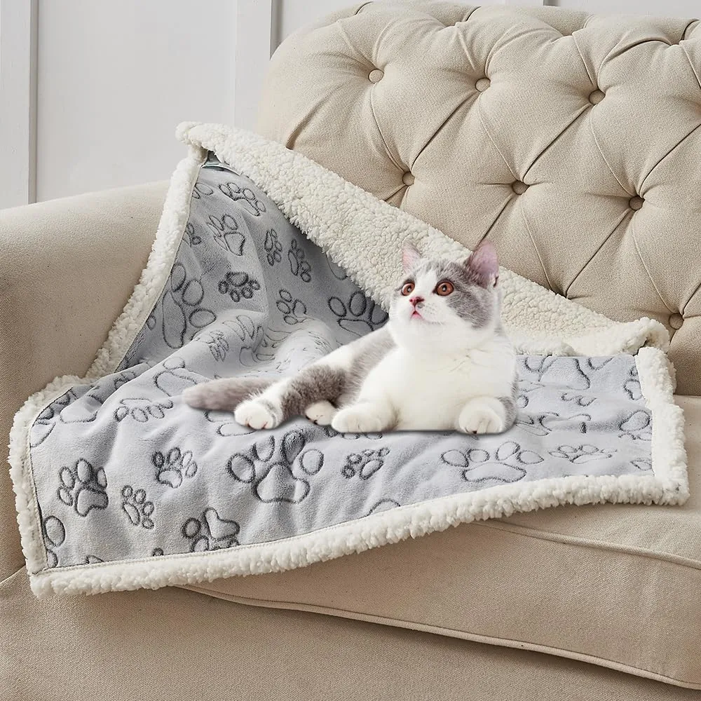 Qeils Dog Blankets for Large Dogs - Waterproof Pet Blanket Washable - Sherpa Fleece Puppy Blanket, Soft Plush Reversible Dog Blanket for Bed Couch Car Sofa, 50"X60", Grey Paw Print