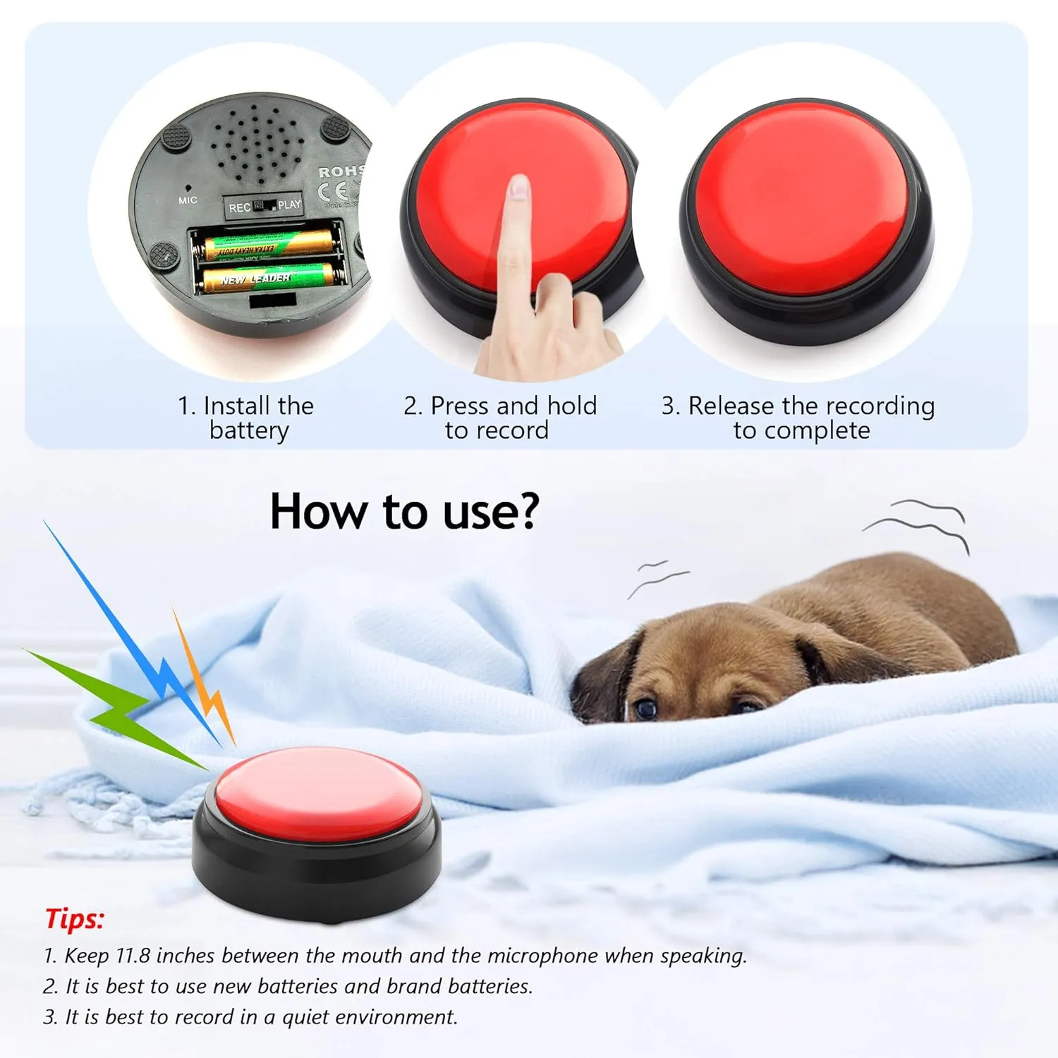 Recordable Button, Sound Button Record Talking Button Answer Buzzers Funny Buttons Record Your Own Words with 30s Voice Recording Time Also Used for Dog Training - Red and Black (Battery Included)