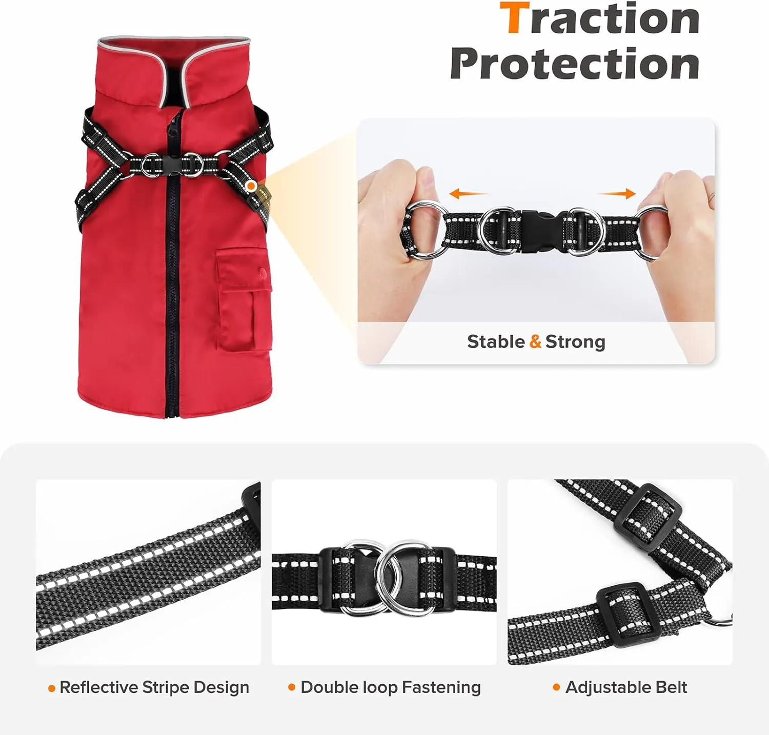 Red Winter Dog Coat with Harness & Jacket - Waterproof Zipper Fleece, Warm Reflective for Small Dogs