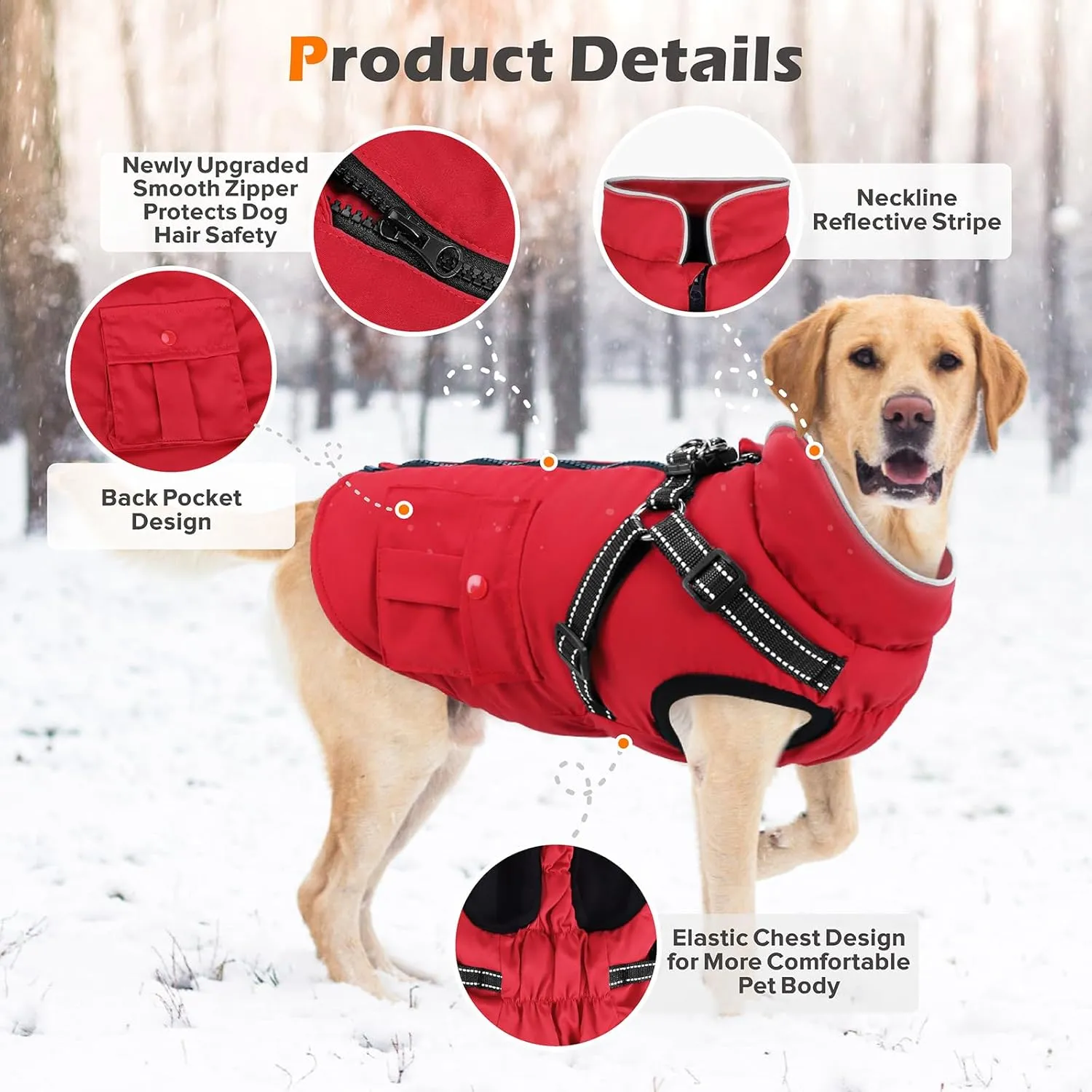 Red Winter Dog Coat with Harness & Jacket - Waterproof Zipper Fleece, Warm Reflective for Small Dogs