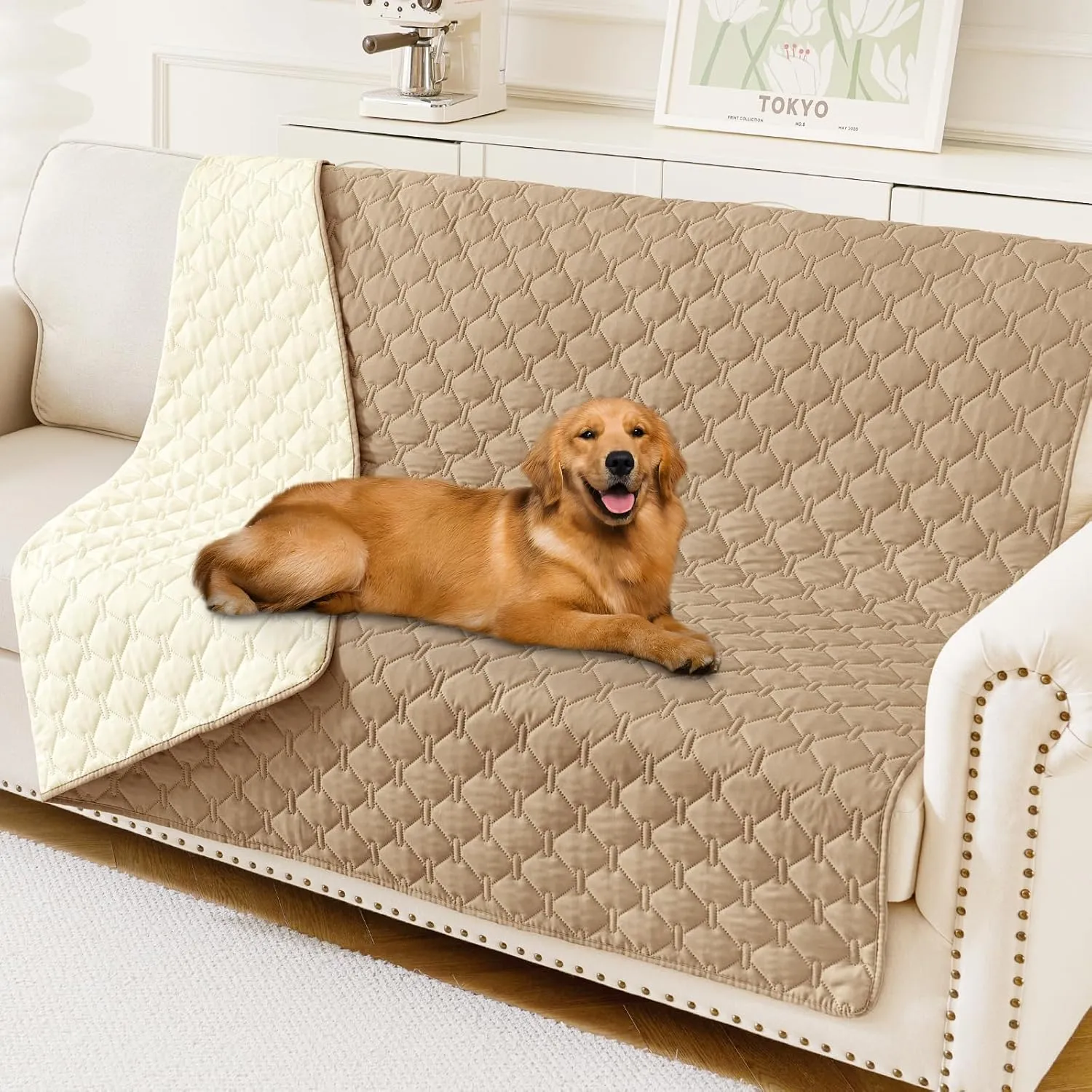 Smiry Waterproof Dog Bed Cover Blanket, Soft Reversible Pet Blanket, Washable Leakproof Cats Dogs Couch Cover for Sofa, Couch, Furniture (52x82 Inch, Camel/Beige)