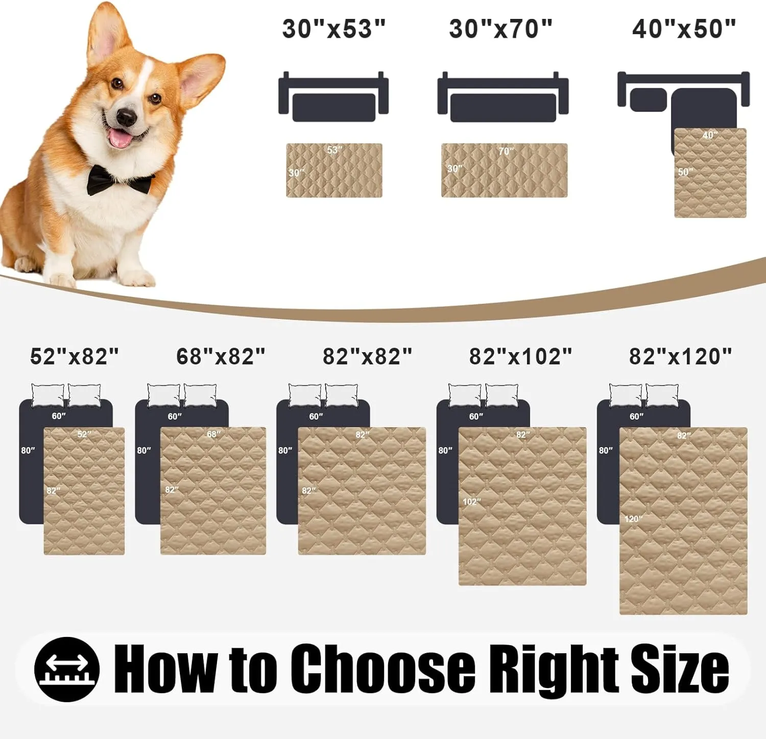 Smiry Waterproof Dog Bed Cover Blanket, Soft Reversible Pet Blanket, Washable Leakproof Cats Dogs Couch Cover for Sofa, Couch, Furniture (52x82 Inch, Camel/Beige)