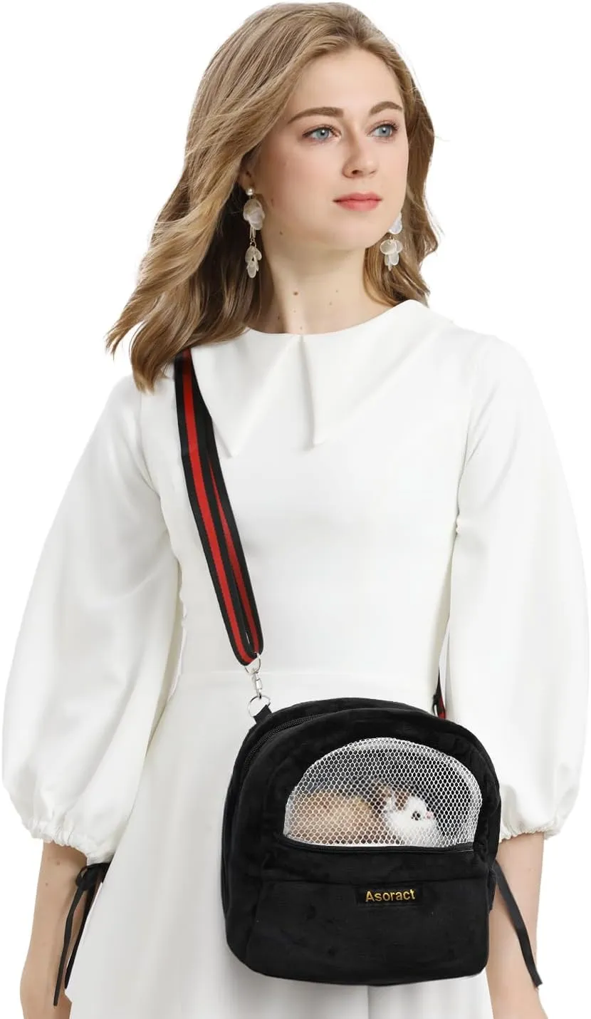 Sugar Glider Pouch Bonding Fleece Guinea Pig Carrier, Soft Comfortable Going Out Small Pets Sleeping Bag with Adjustable Strap,Breathable Mesh Window and Removable Mat for Hedgehogs (Black, L1)