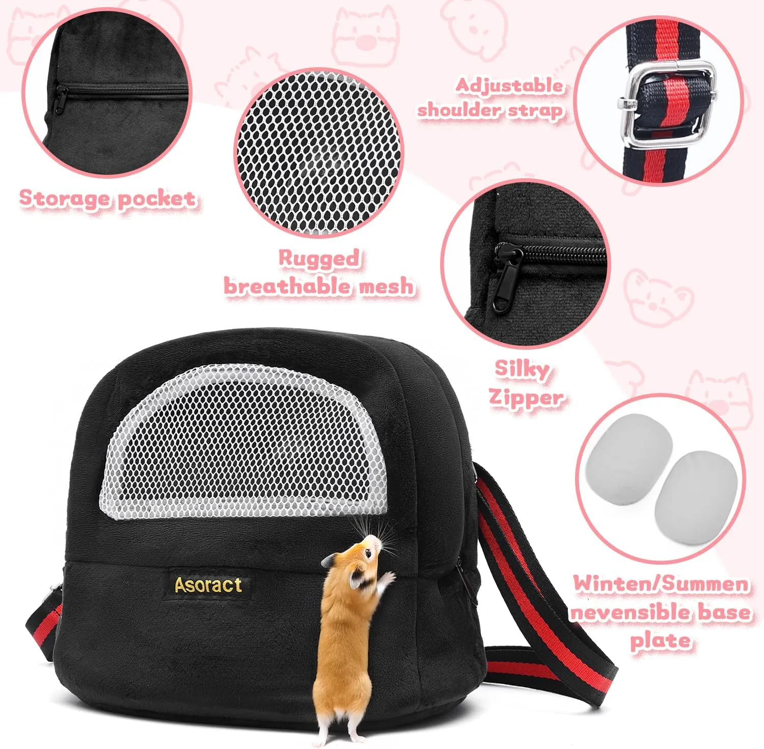 Sugar Glider Pouch Bonding Fleece Guinea Pig Carrier, Soft Comfortable Going Out Small Pets Sleeping Bag with Adjustable Strap,Breathable Mesh Window and Removable Mat for Hedgehogs (Black, L1)