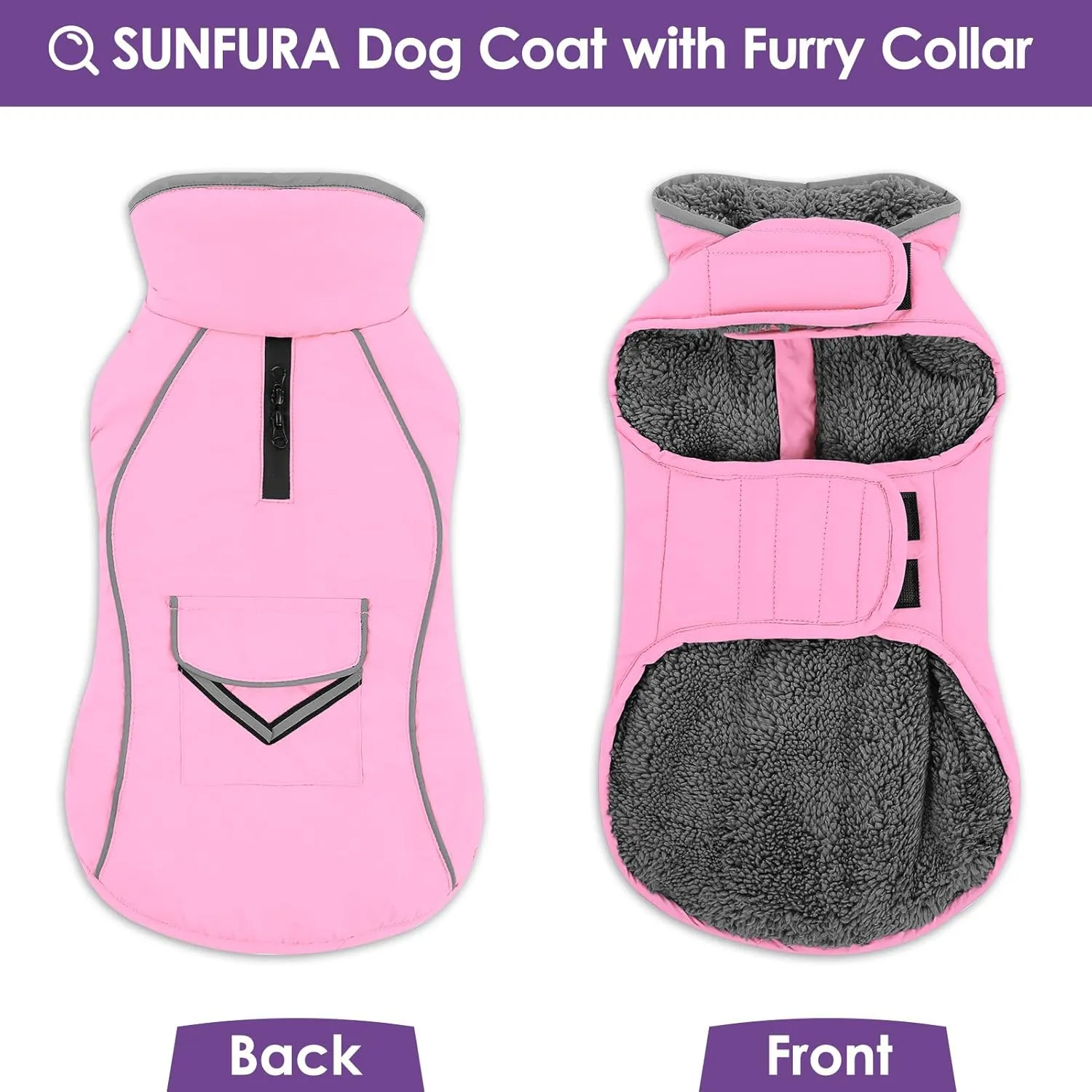 SUNFURA Small Dog Coat, Warm Jacket With Zippered Leash Hole for Cold Weather, Reflective Winter Fleece With Adjustable Furry Collar for Small Dogs, Light Pink S
